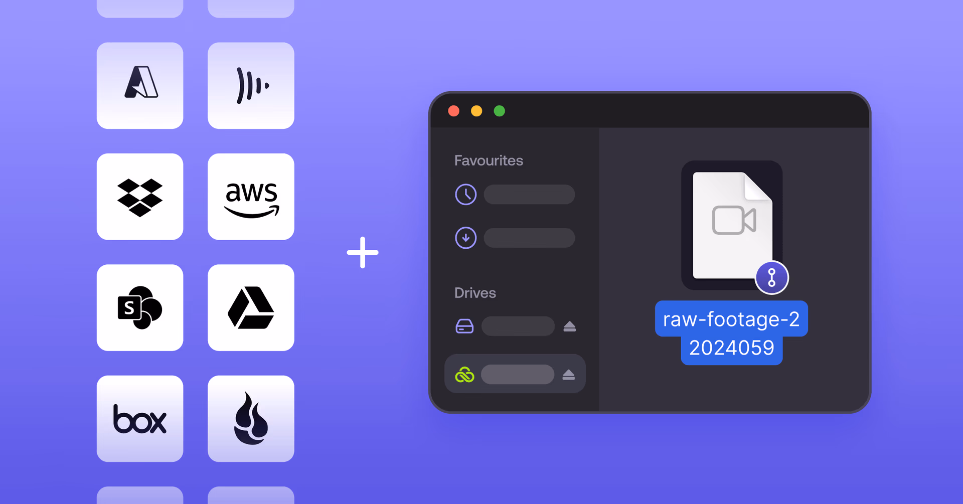 An illustration showing various cloud storage icons (like Dropbox, AWS, Google Drive, and Box) connecting to a LucidLink dark mode file browser window.