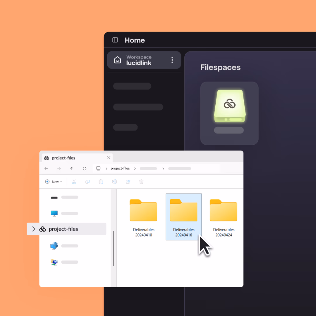 LucidLink app and Windows Explorer showing project files accessible as a local drive.