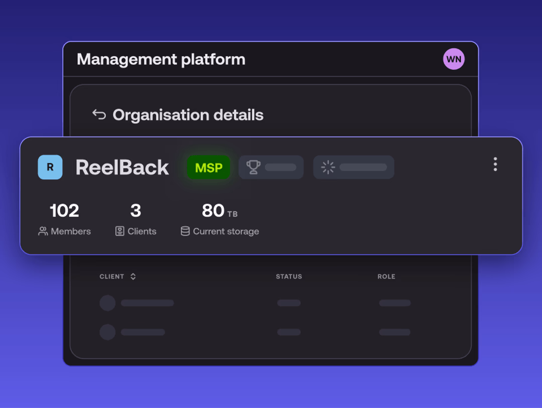 Screenshot of a management platform showing ReelBack client details with members, clients, and storage stats.