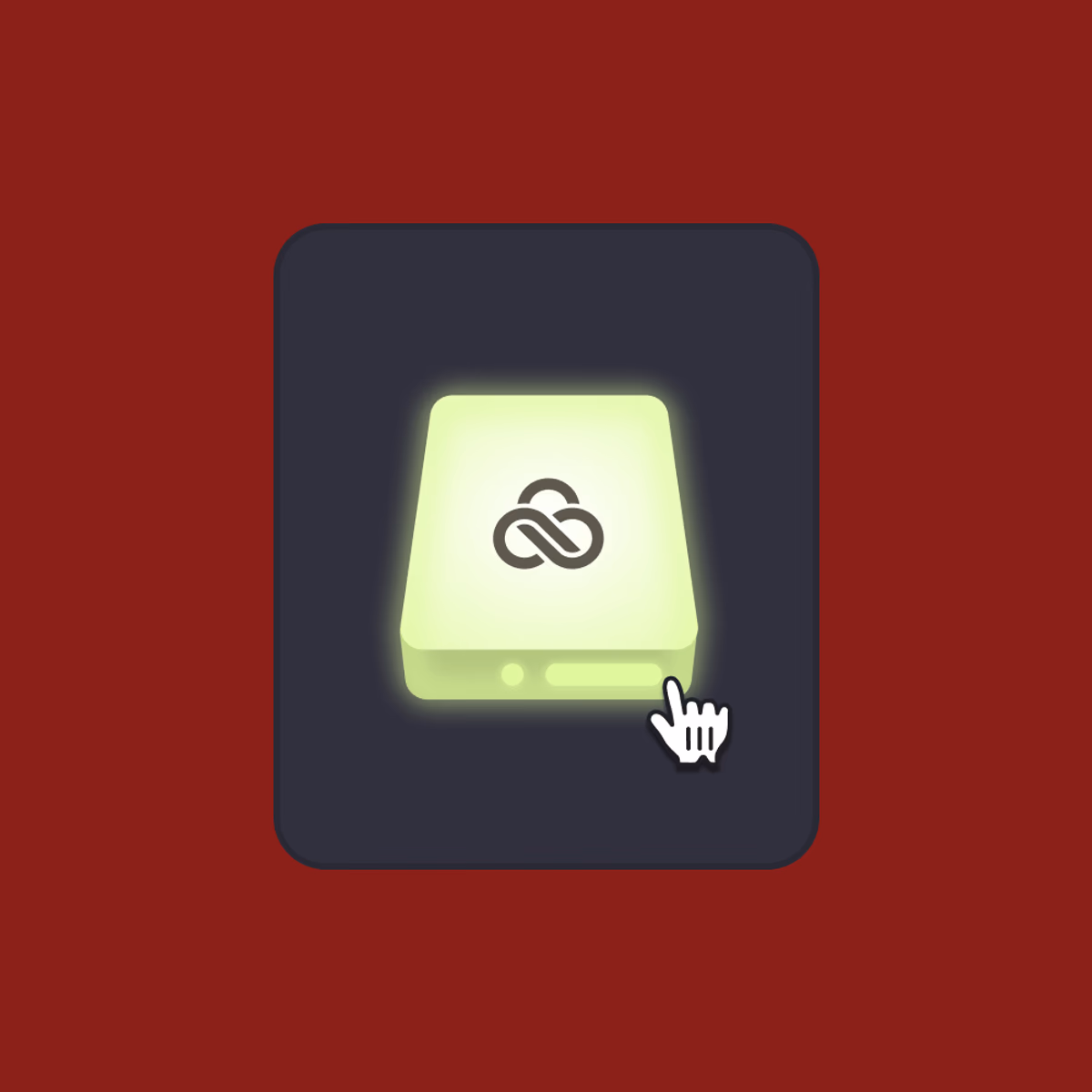A glowing external drive icon featuring the LucidLink logo, selected by a mouse cursor.