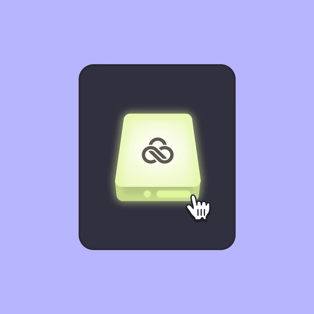 A hand cursor selecting a glowing green virtual drive icon featuring the LucidLink logo.