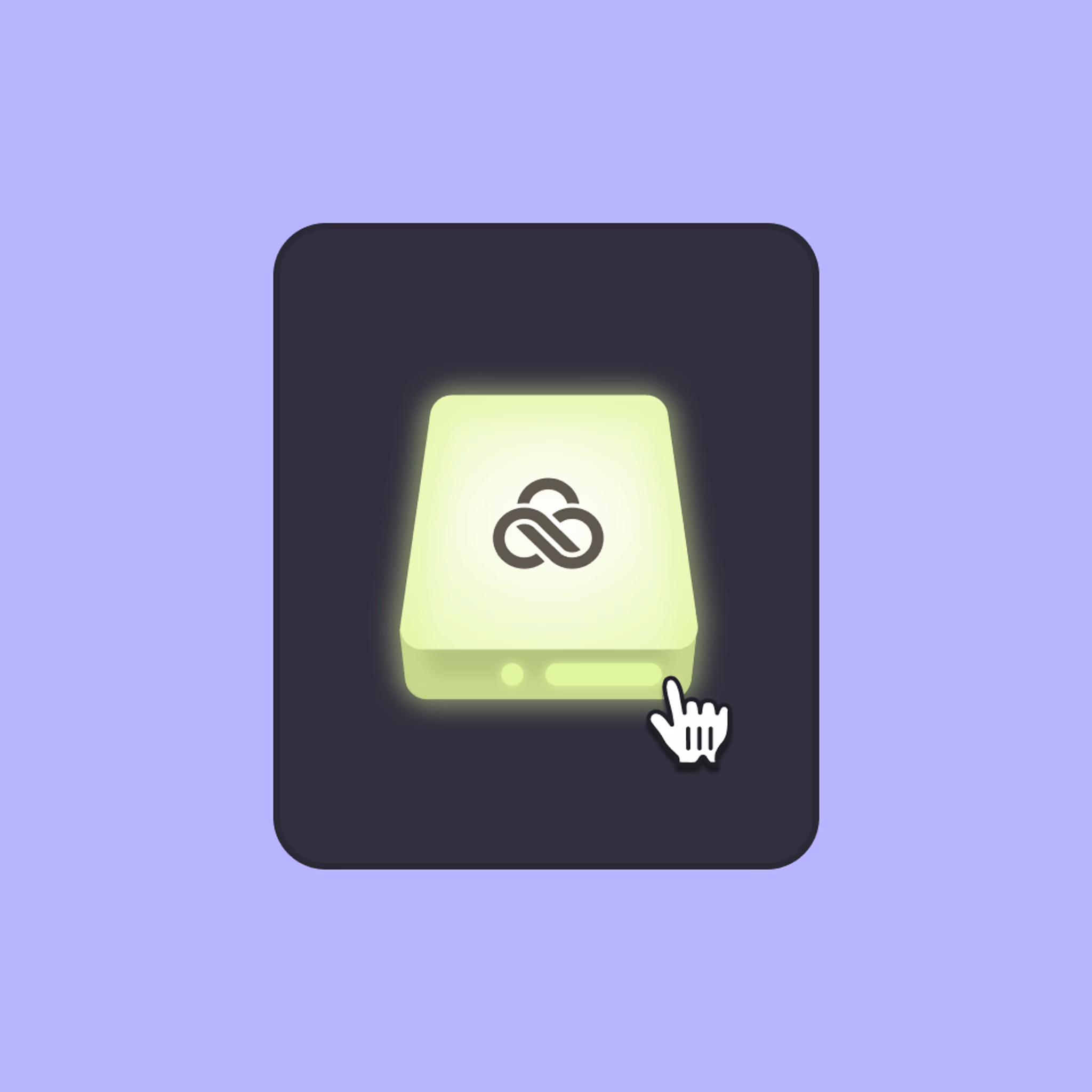 A hand cursor selecting a glowing green virtual drive icon featuring the LucidLink logo.