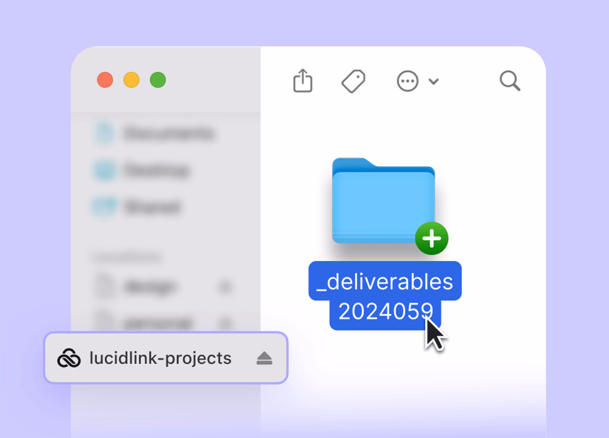Mac Finder showing a LucidLink filespace mounted as a local drive with a project folder.