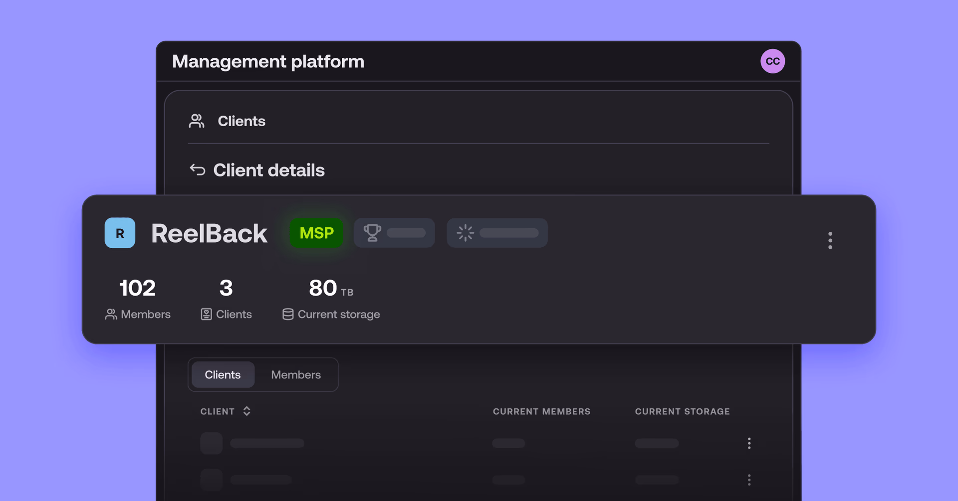 LucidLink Management Platform 'Client details' view for ReelBack MSP.