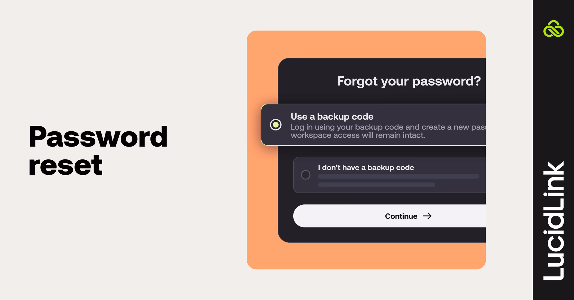 LucidLink password reset screen with backup code login option.