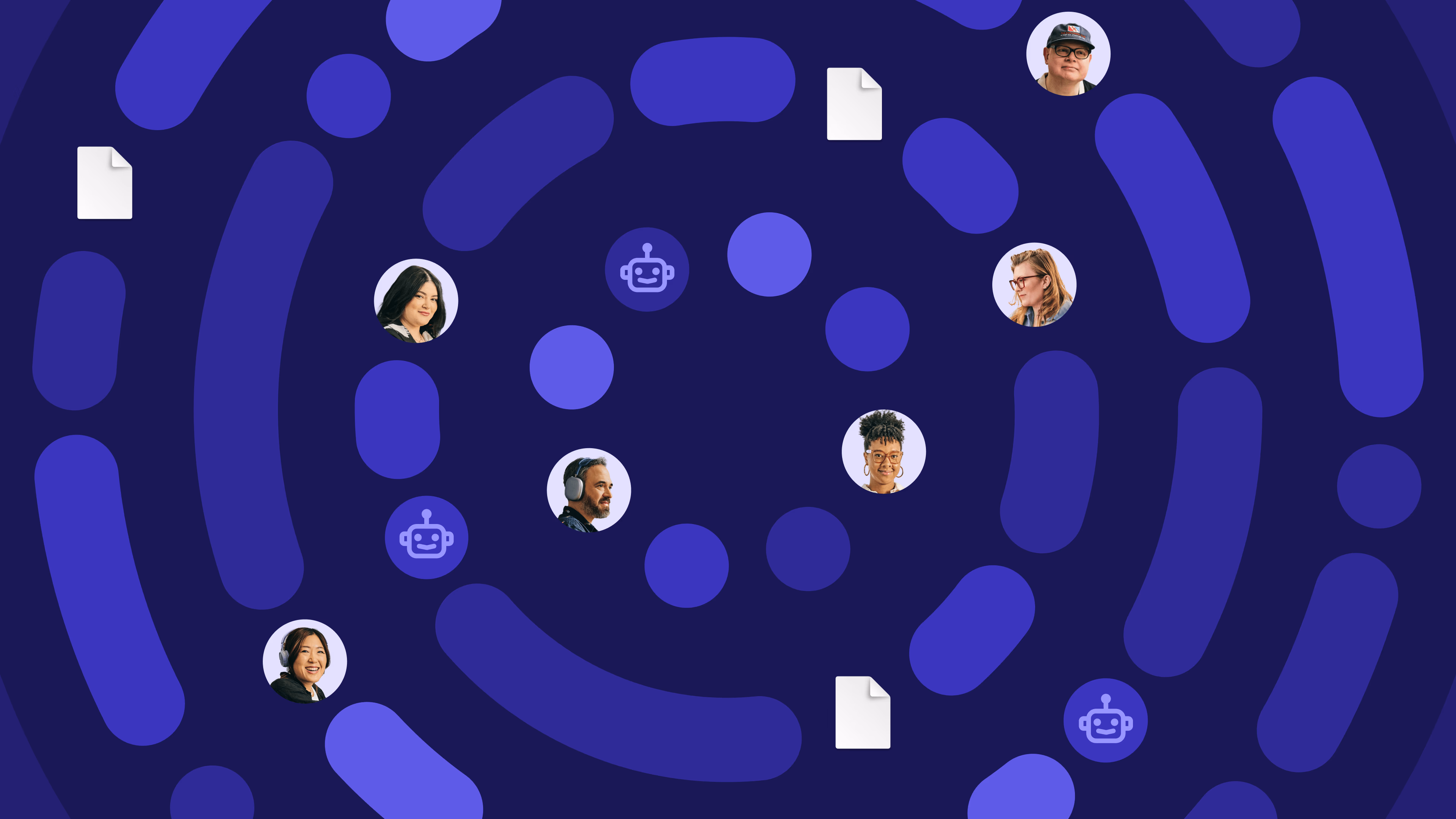 Team members and AI agents connected across a shared network of files.