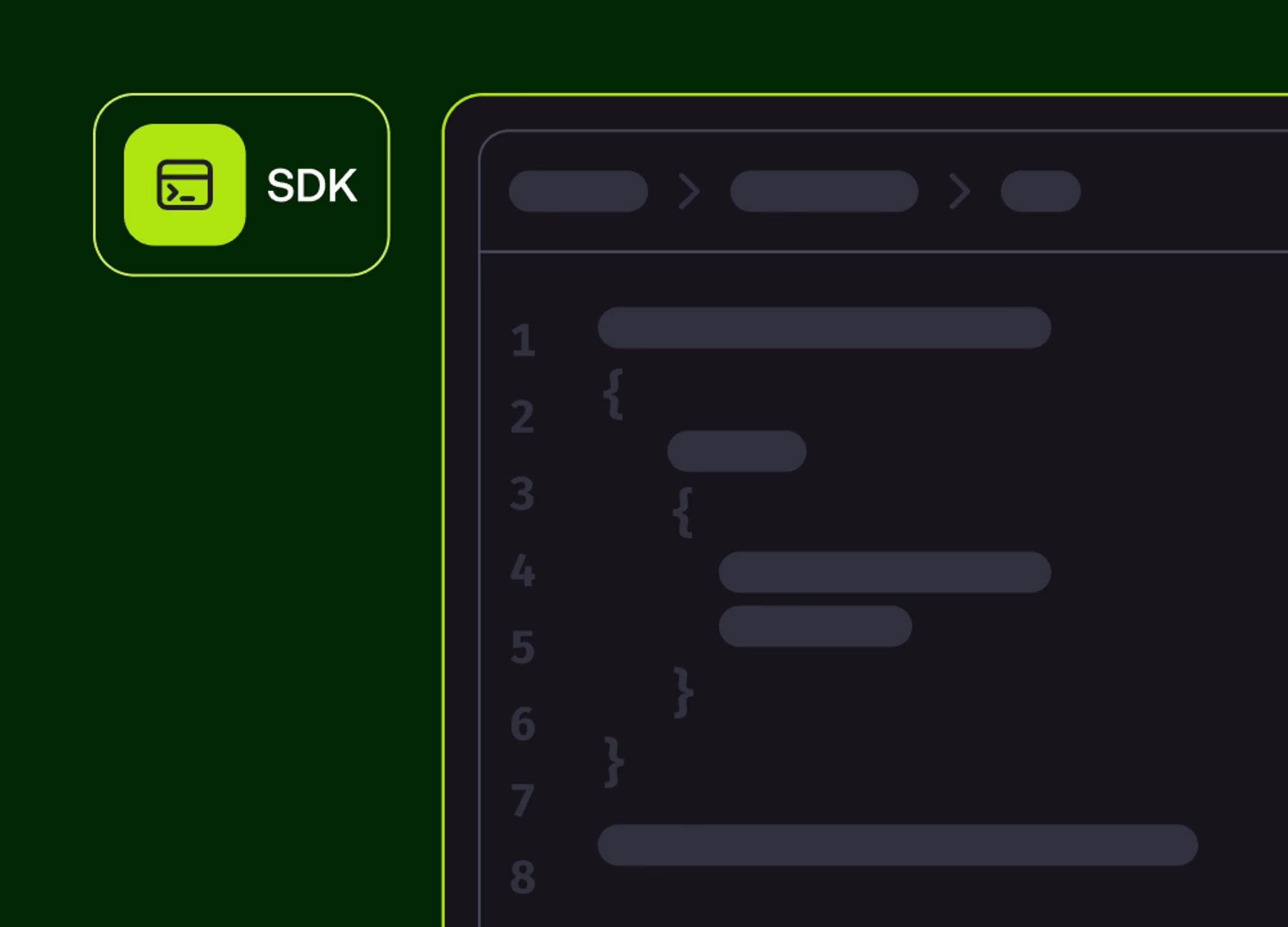 SDK icon alongside a code editor window on a dark background.