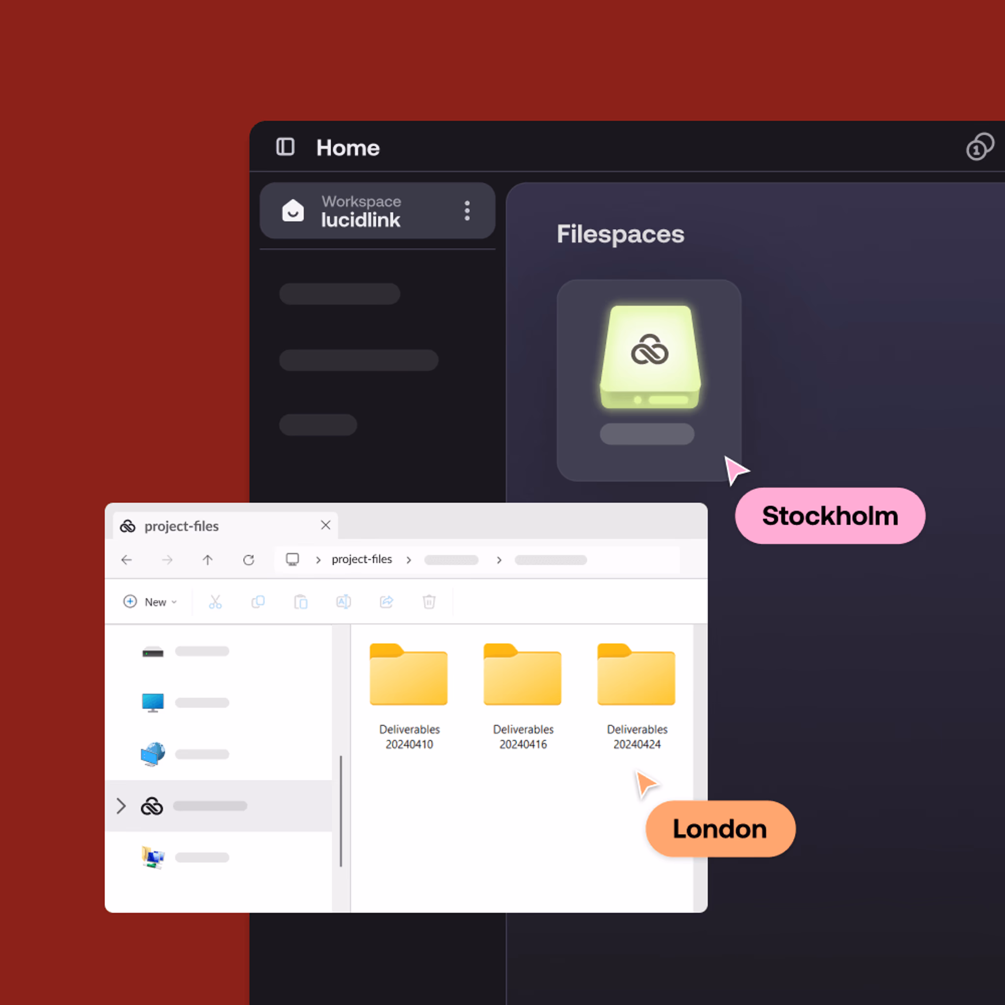 LucidLink dashboard and Windows File Explorer showing real-time collaboration between users in Stockholm and London.