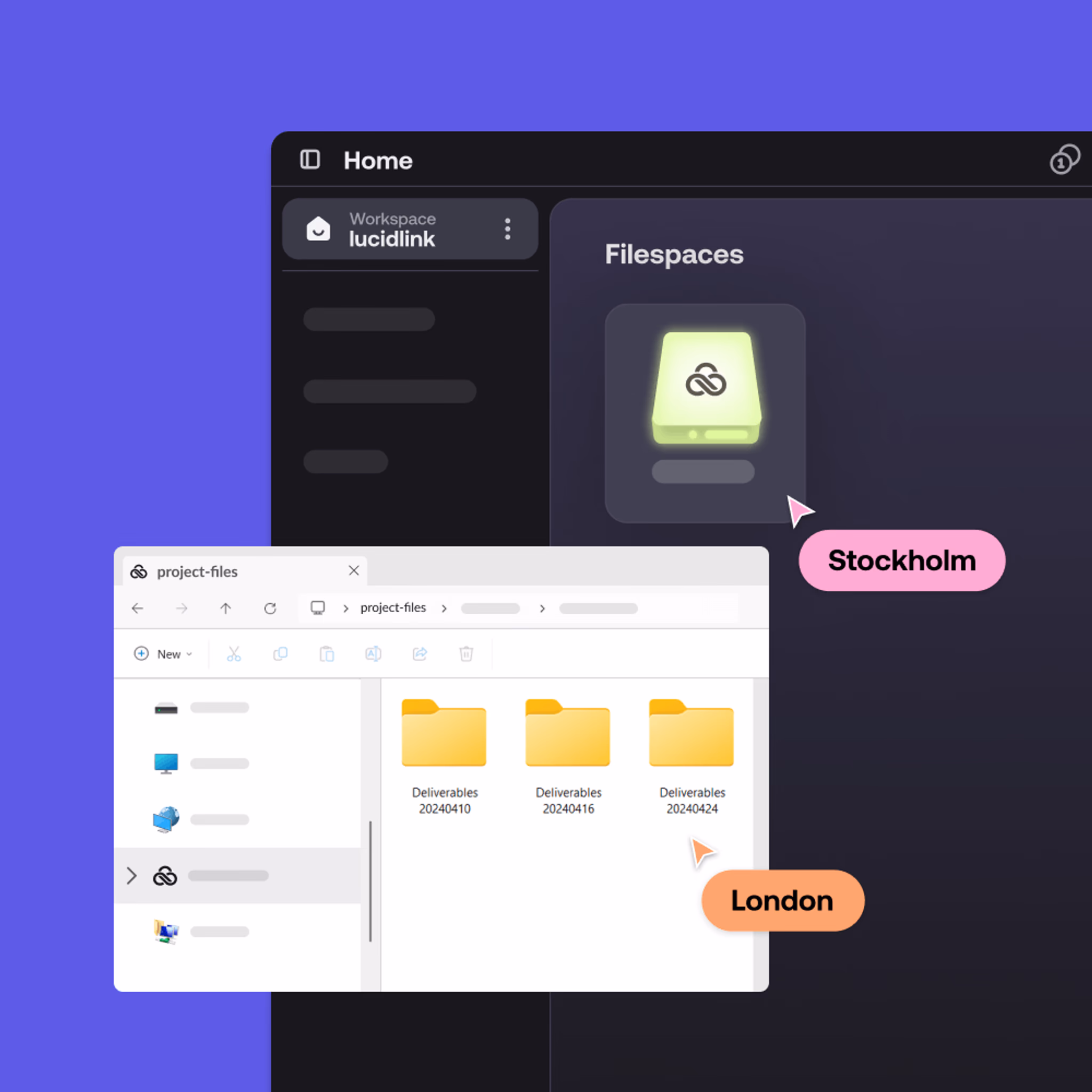 LucidLink real-time collaboration showing users in Stockholm and London accessing the same project folders within Windows 11 File Explorer.