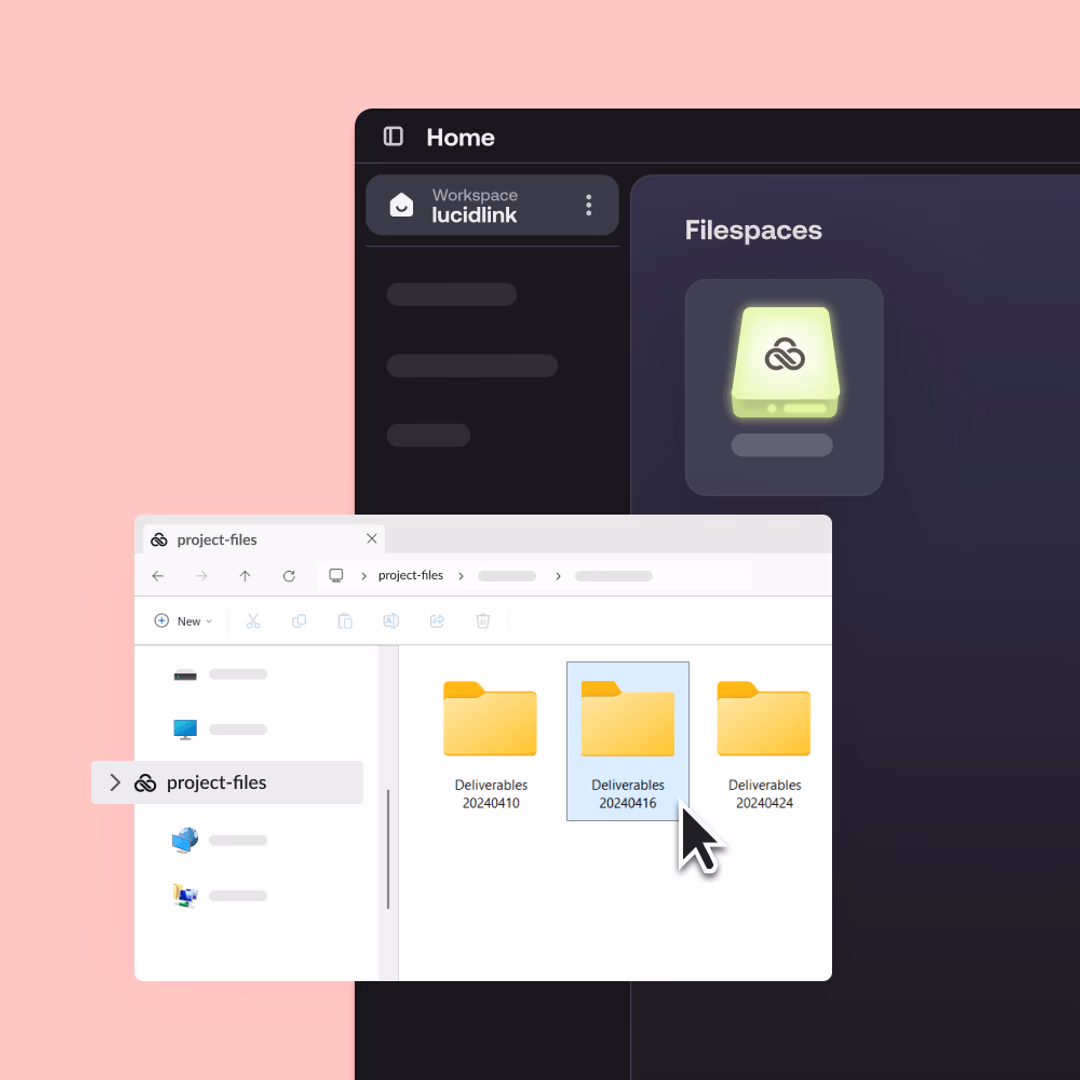 LucidLink dashboard showing a project-files mount within a Windows 11 File Explorer window.