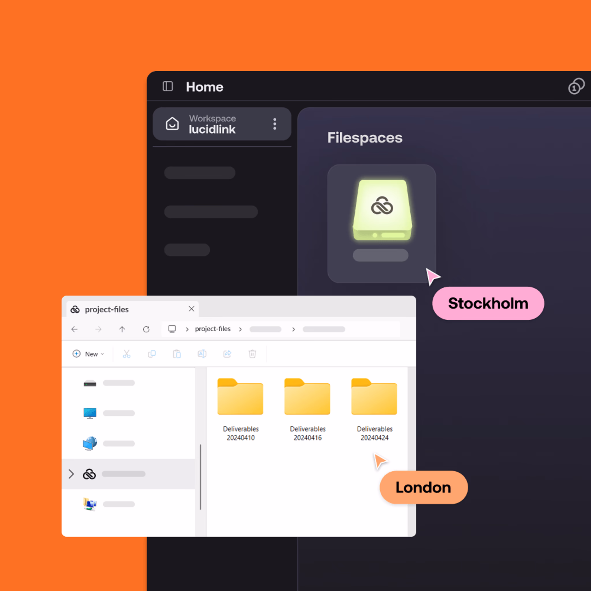 Two users in Stockholm and London accessing the same LucidLink filespace in real time.
