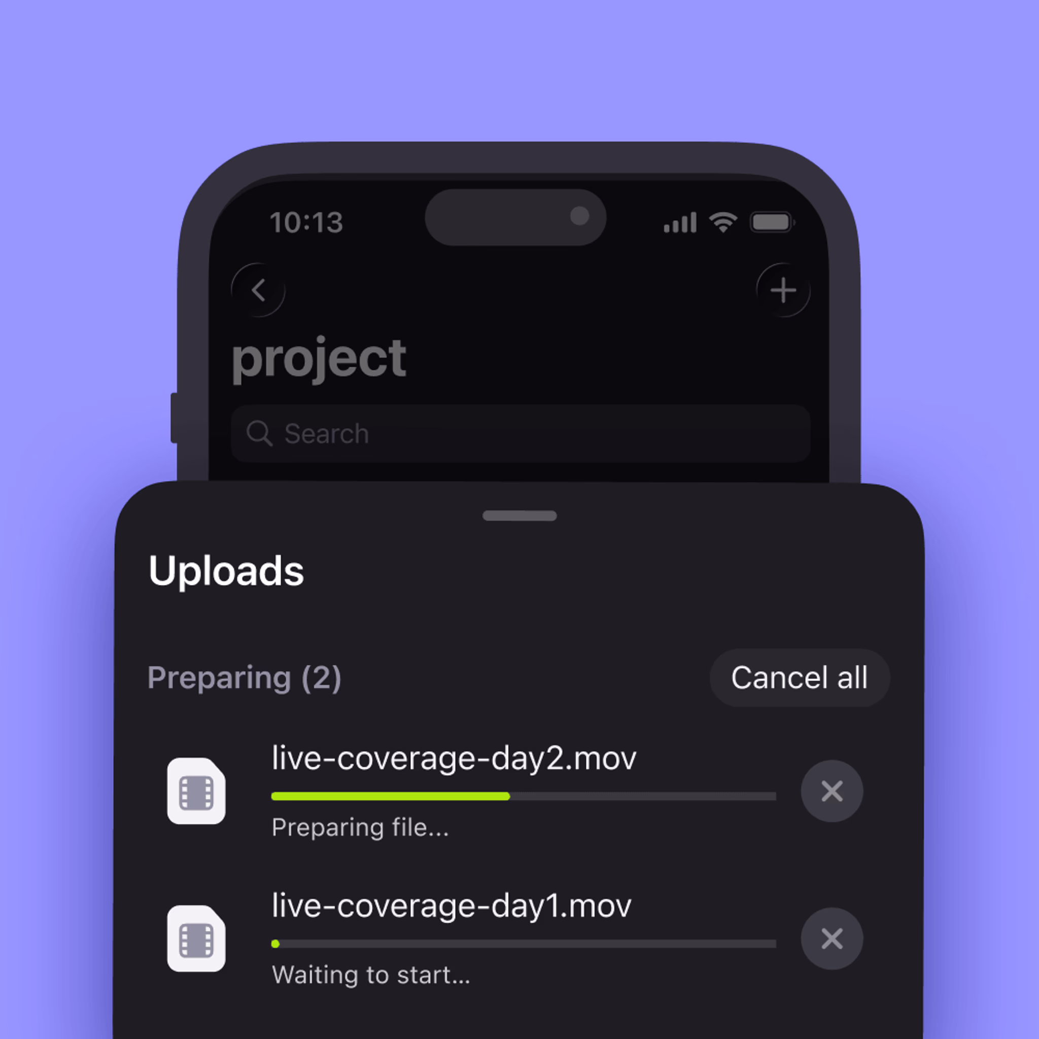 The LucidLink mobile app interface showing video files uploading directly to a project.