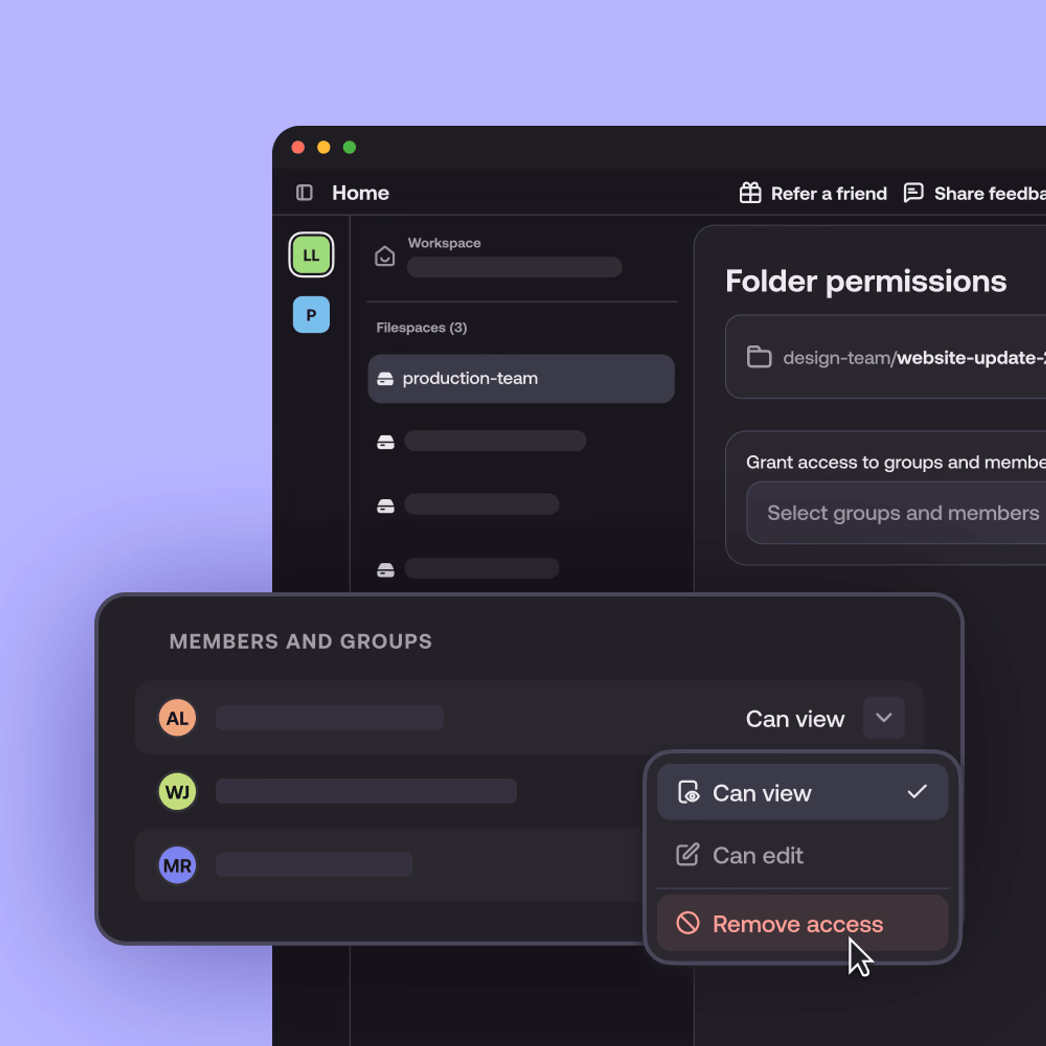 LucidLink app UI showing folder permissions panel with members list and access control dropdown options: Can view, Can edit, and Remove access.
