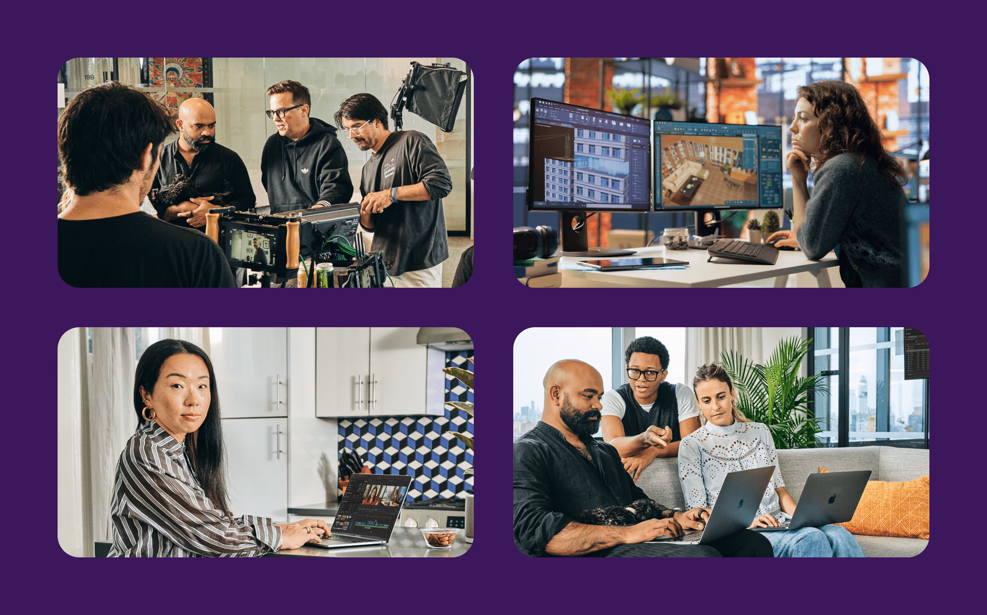 A four-panel image grid highlighting creative teams collaborating across video production, editing, and 3D design workflows.