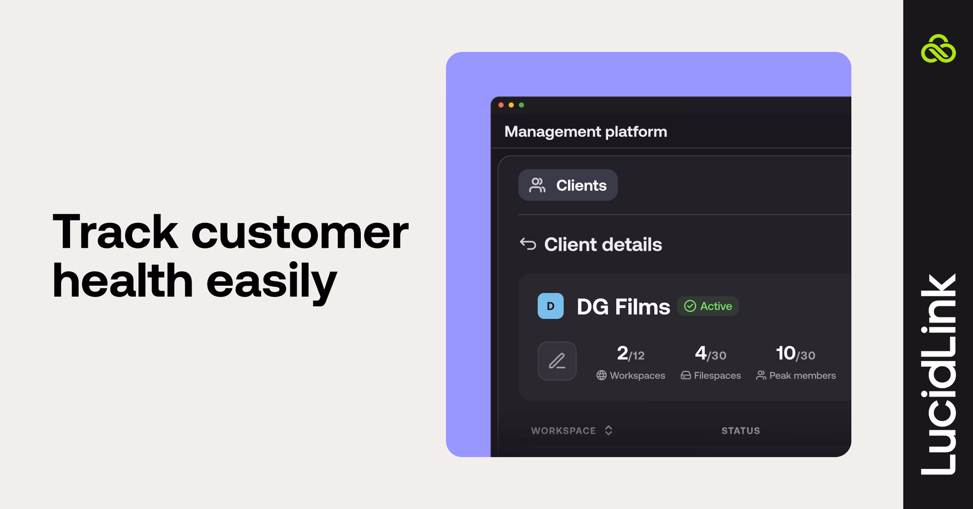 Client details in the LucidLink management platform.