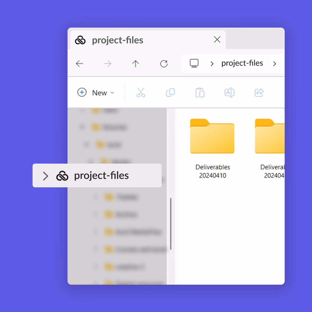 Windows File Explorer window displaying a LucidLink Filespace mounted as a local drive named project-files.