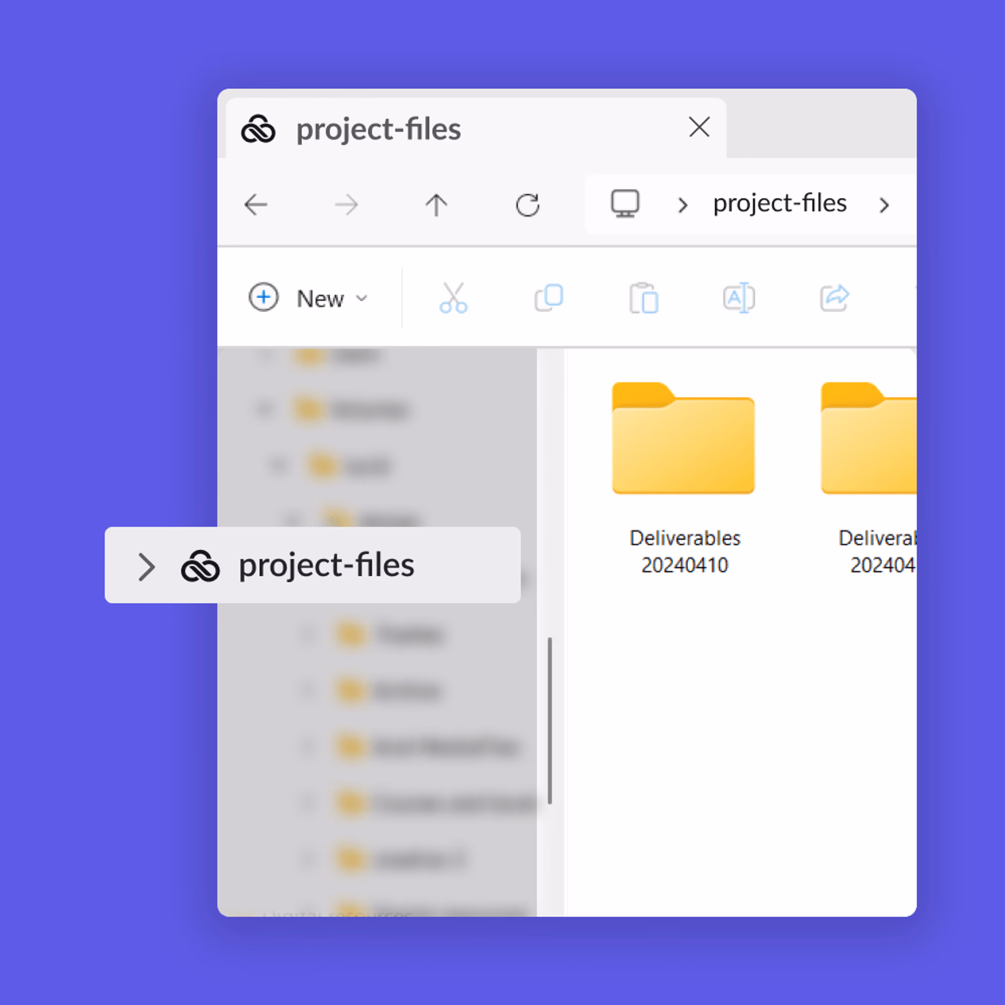 Windows File Explorer window displaying a LucidLink Filespace mounted as a local drive named project-files.