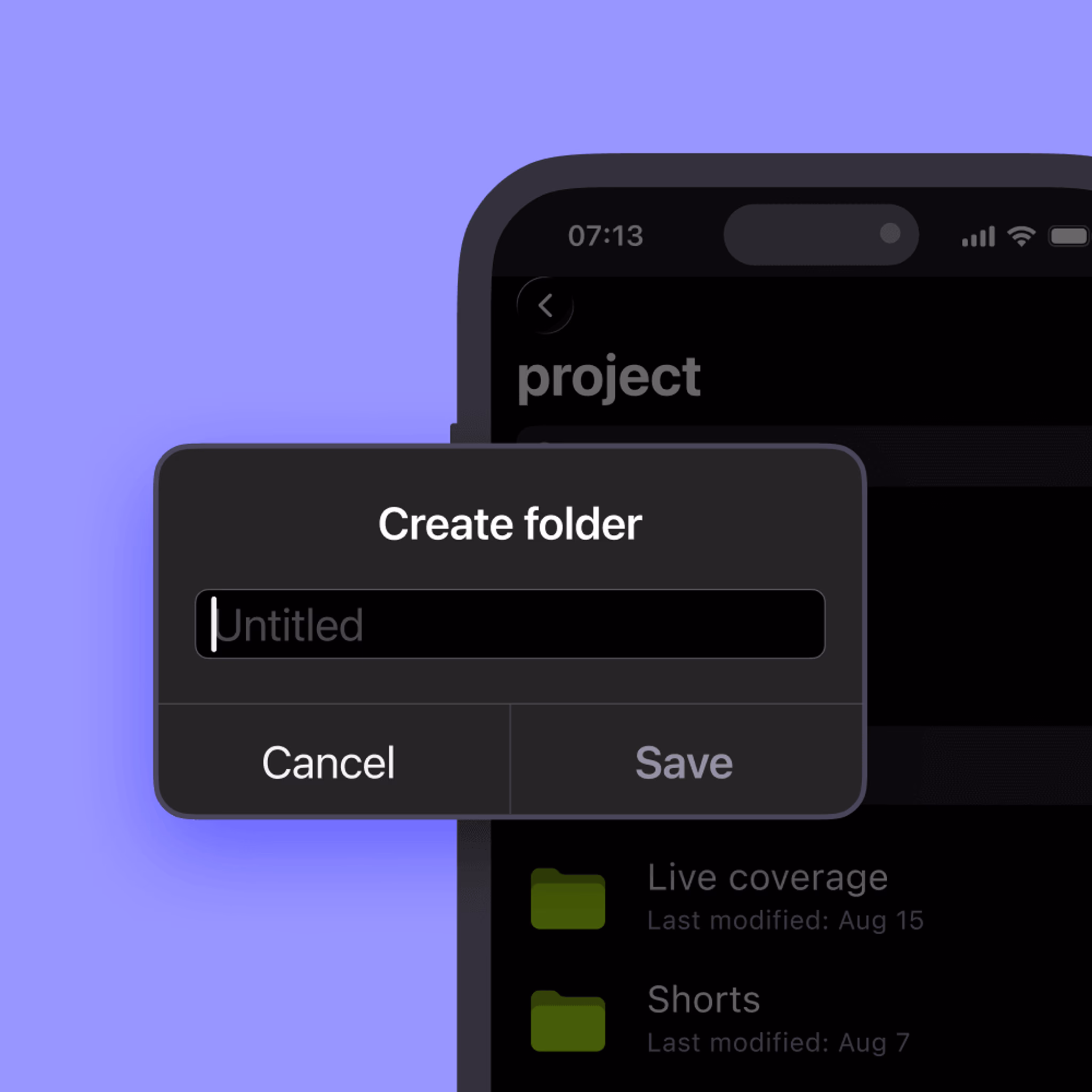 The LucidLink mobile app interface showing a dark-mode "Create folder" popup prompt over a project folder list.