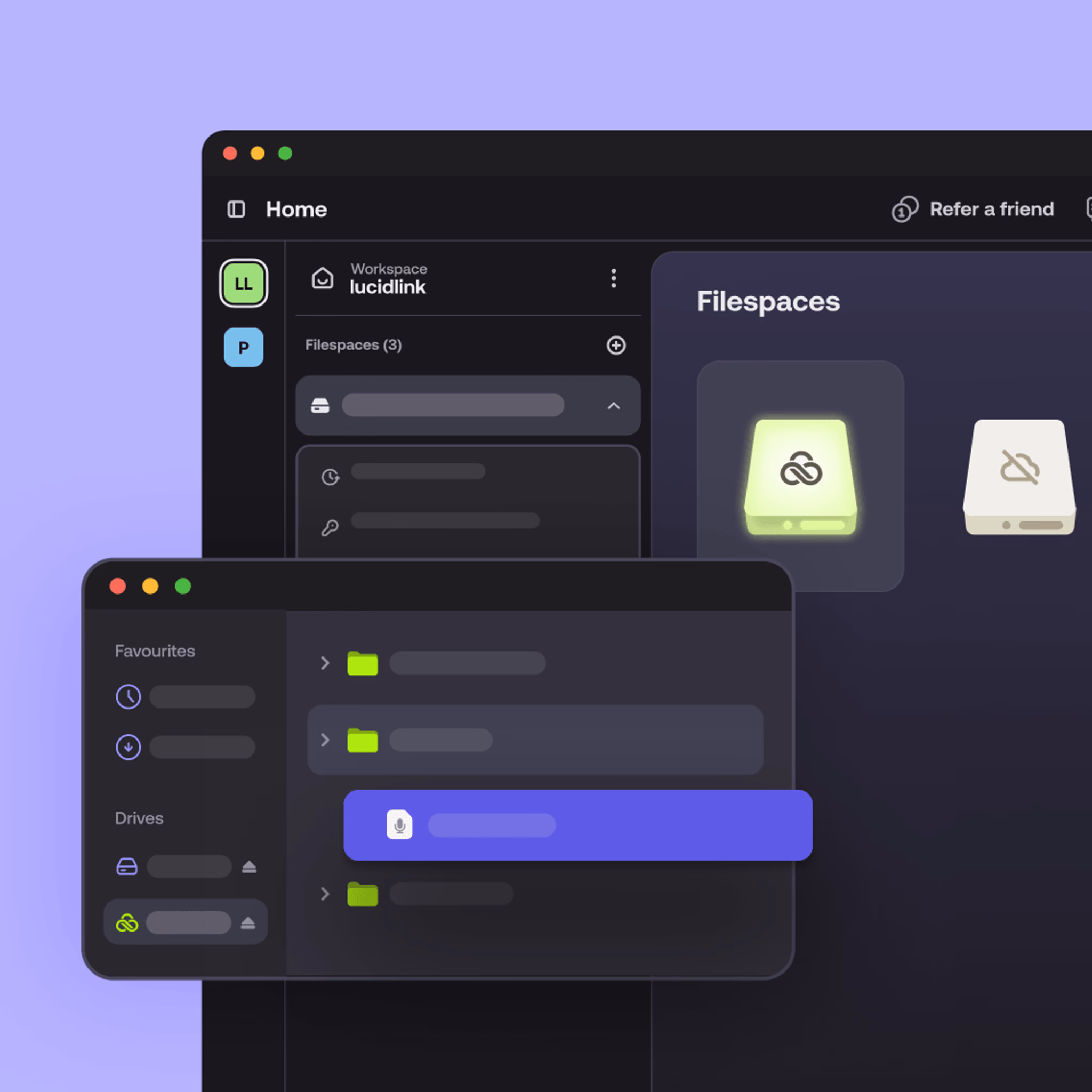 LucidLink app showing filespaces and file browser with a selected audio file streaming from the cloud.