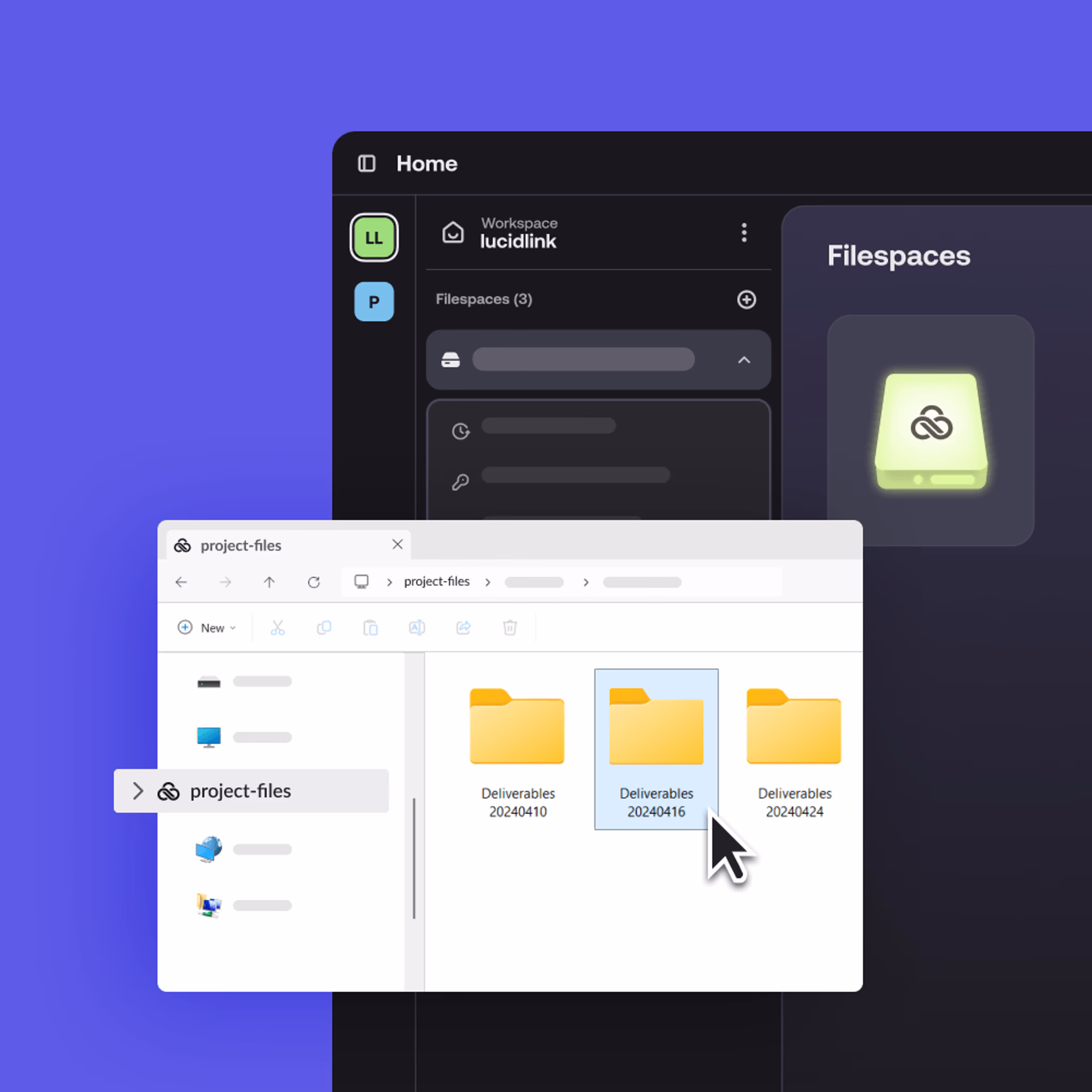 LucidLink dashboard integrated with Windows 11 File Explorer, showing cloud project folders mounted as a local drive.