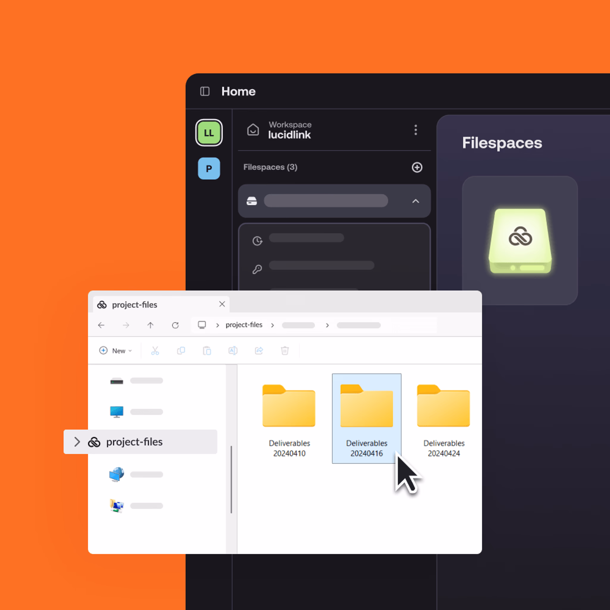 LucidLink app and Windows Explorer showing project folders accessible from a filespace.
