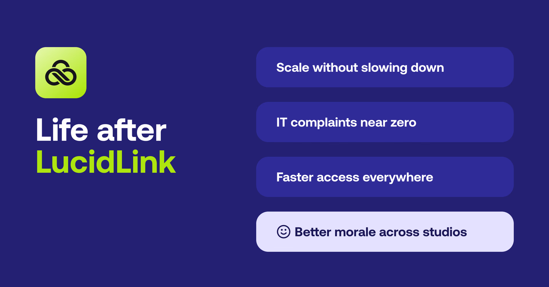 4 main outcomes after switching to LucidLink: faster performance, consistent reliability, and happier teams