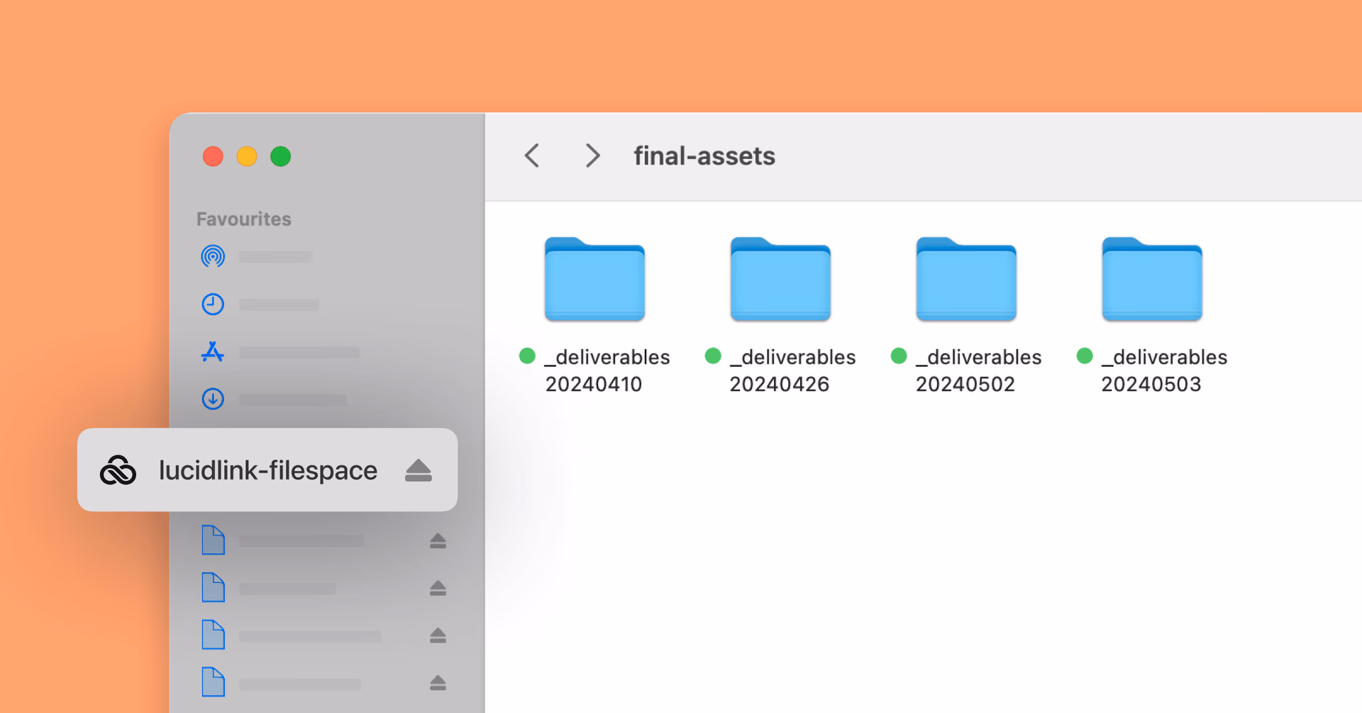 A macOS Finder window showing a mounted "lucidlink-filespace" drive with several synced folders in the "final-assets" directory.