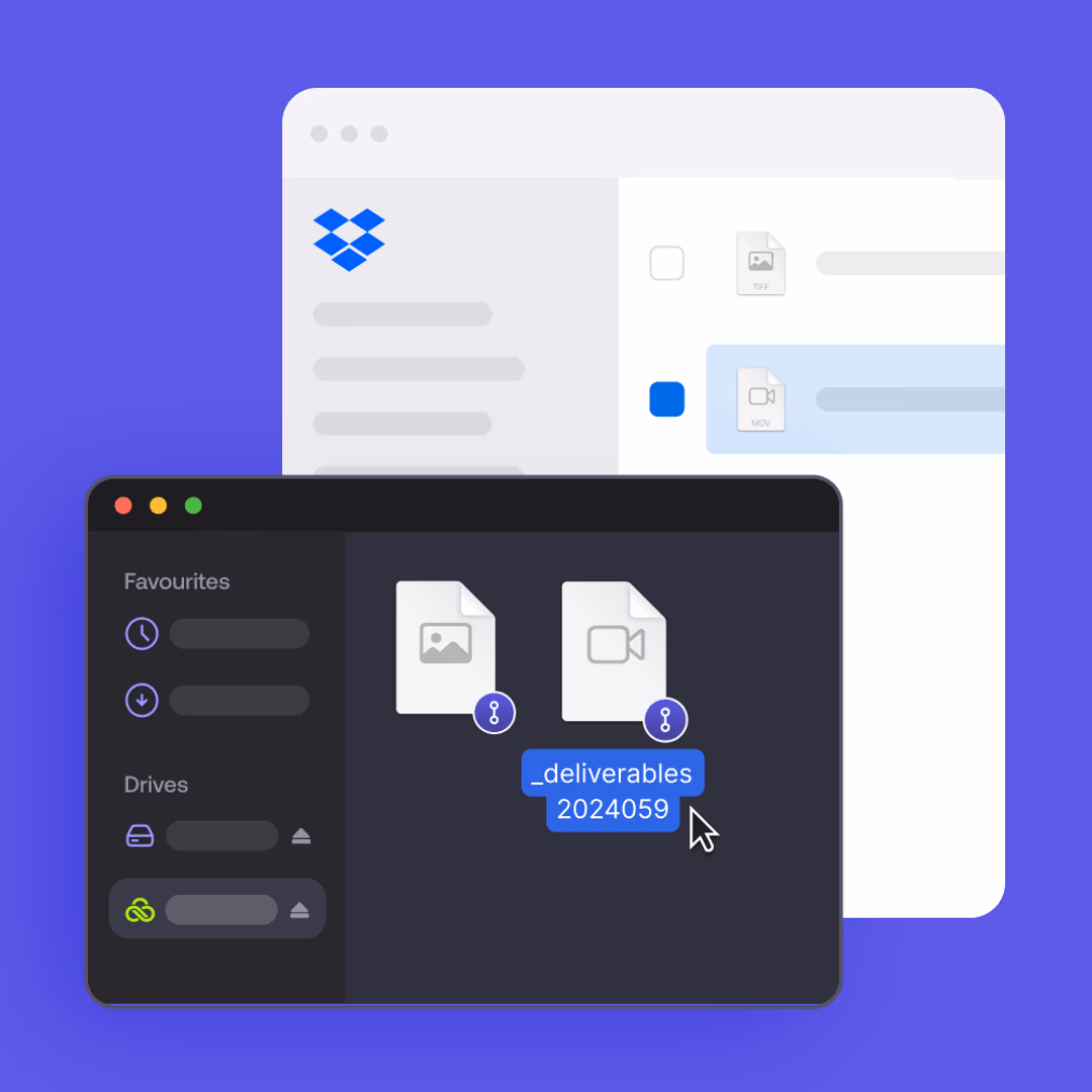 A dark mode file explorer window with a LucidLink drive icon, highlighting a selected deliverables folder over a blurred Dropbox web UI.