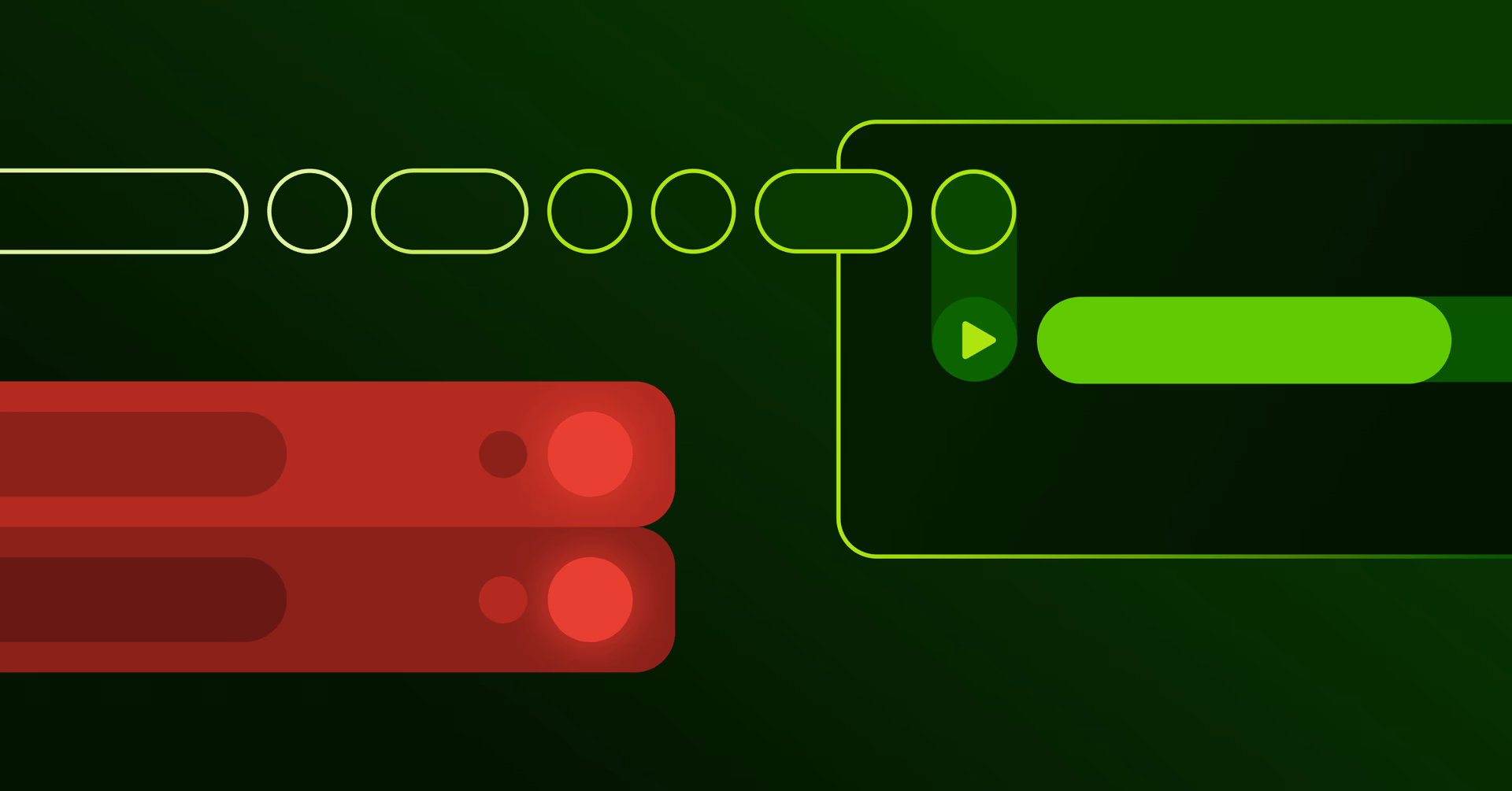 Abstract graphic comparing traditional data storage and streaming, featuring red server icons on the left and a green streaming playback interface on the right.