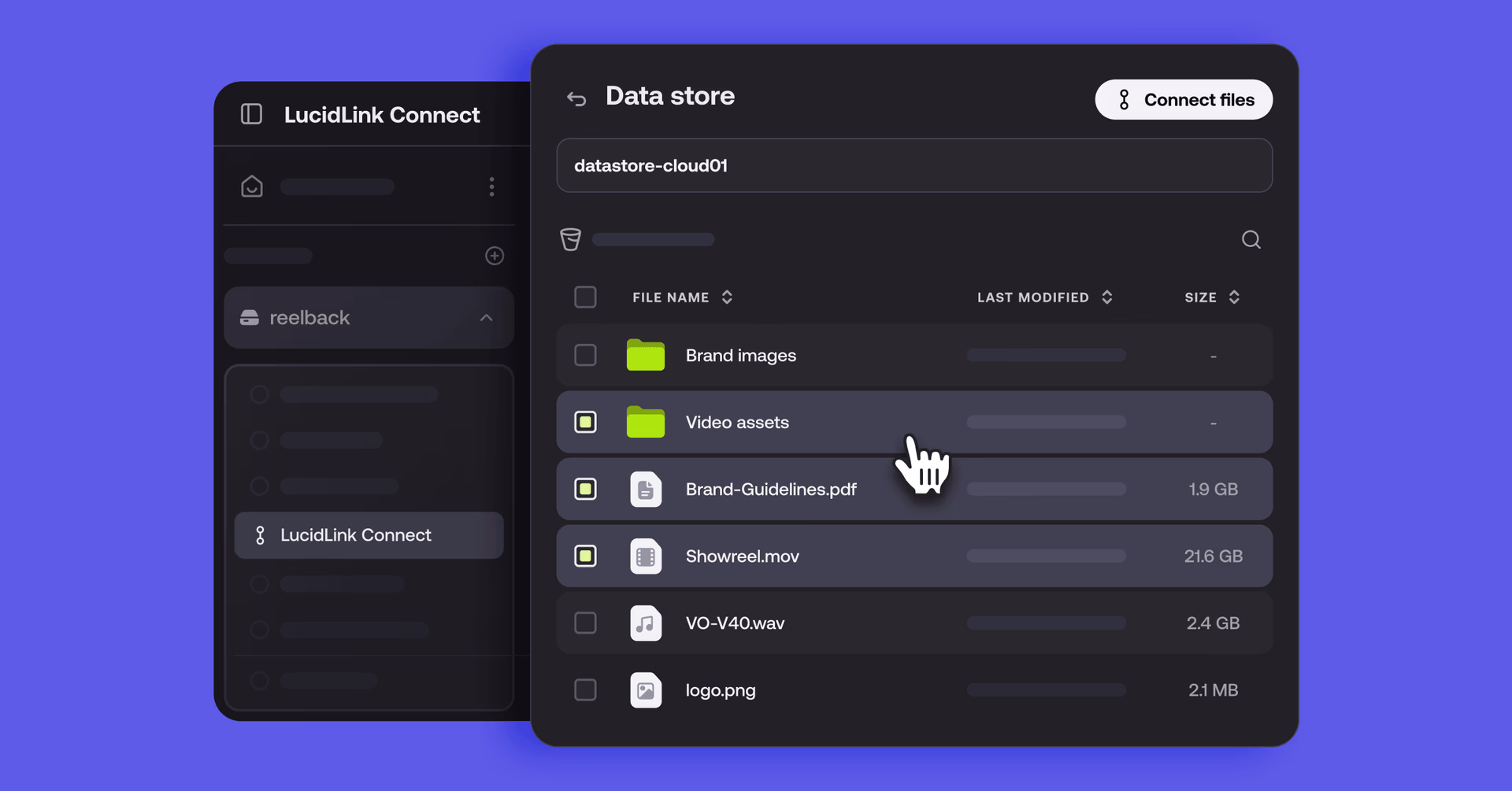 Screenshot of LucidLink Connect showing a data store file list with folders and files selected.