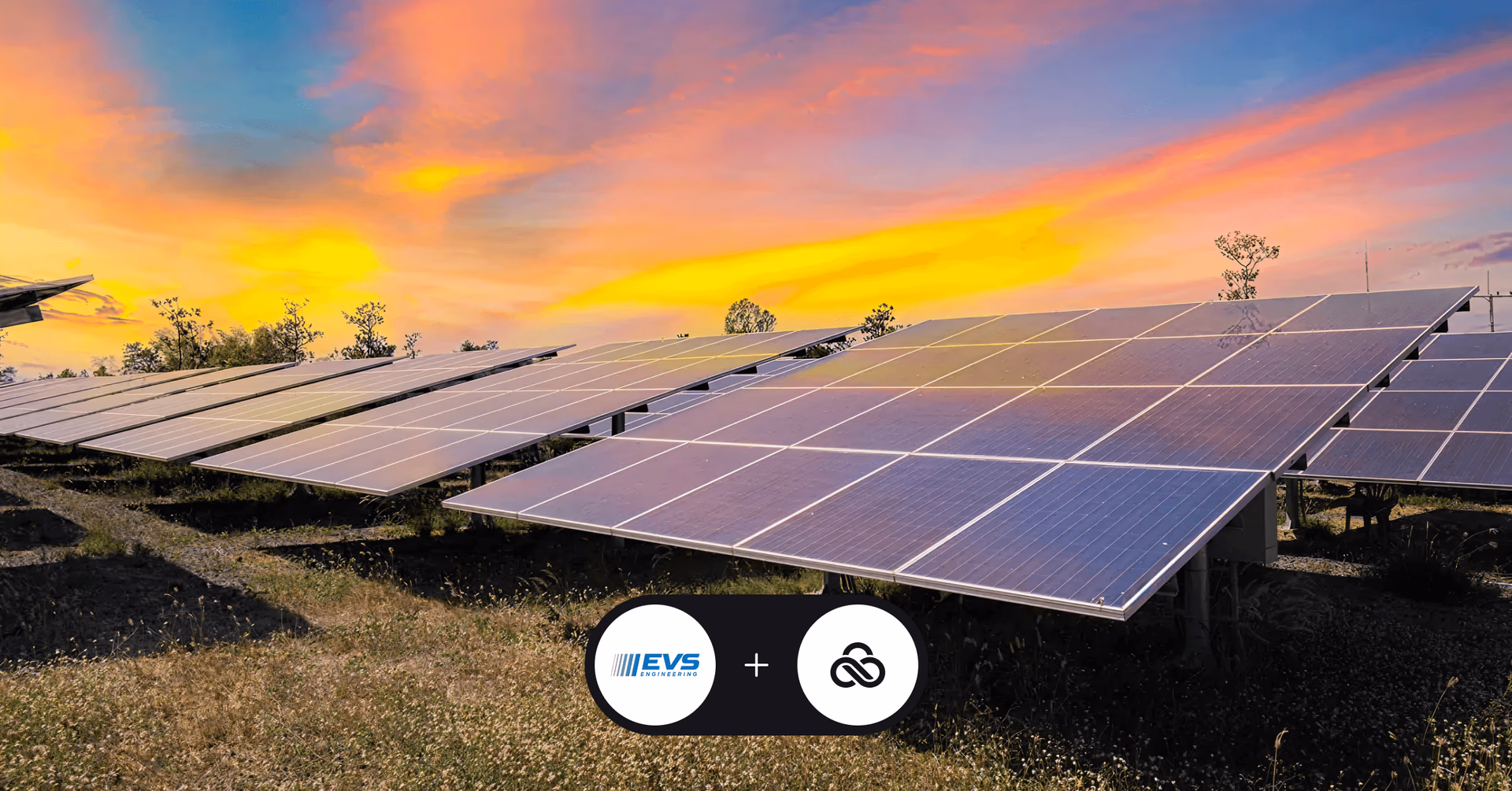 Solar panel field at sunset with EVS Engineering and LucidLink partnership logos.