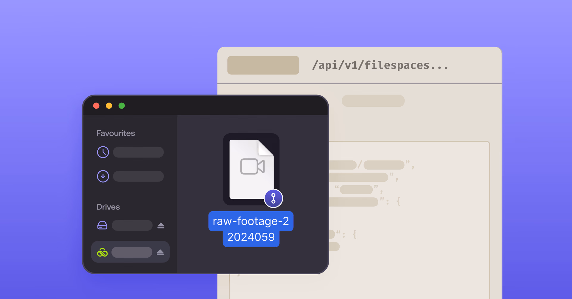 Mac Finder showing a LucidLink video file alongside an API endpoint in the background.