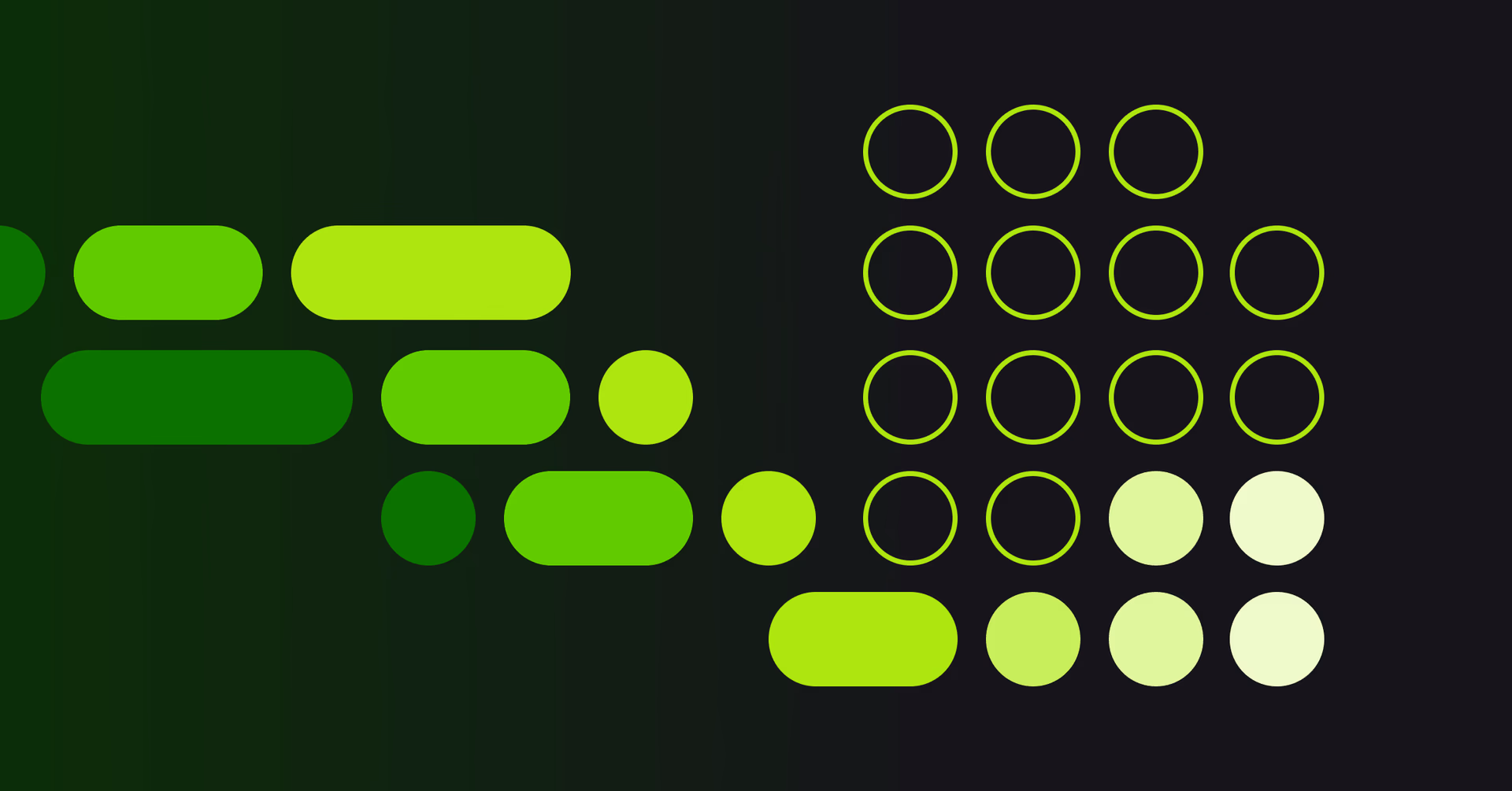 Abstract green shapes transitioning from solid to outlined circles.