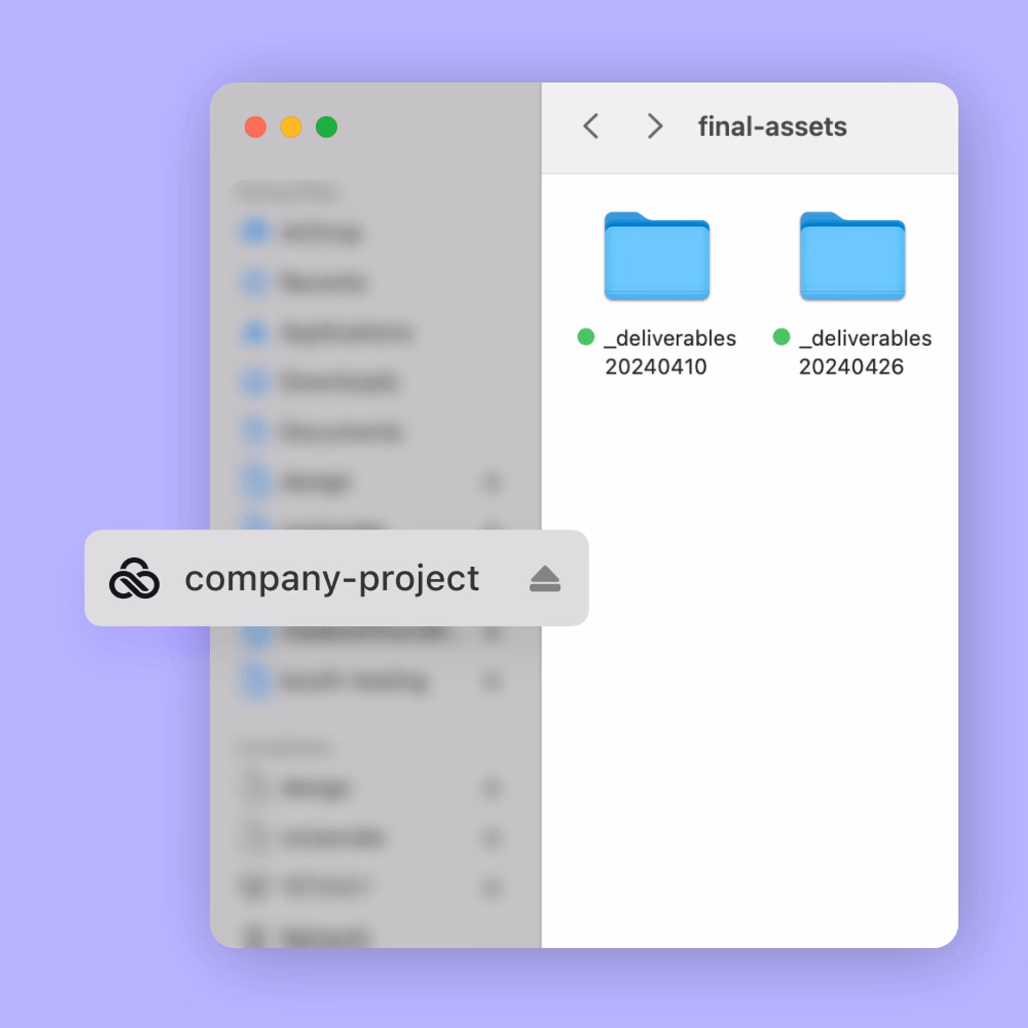 A macOS Finder window showing a LucidLink cloud drive mounted as a local folder named "company-project".