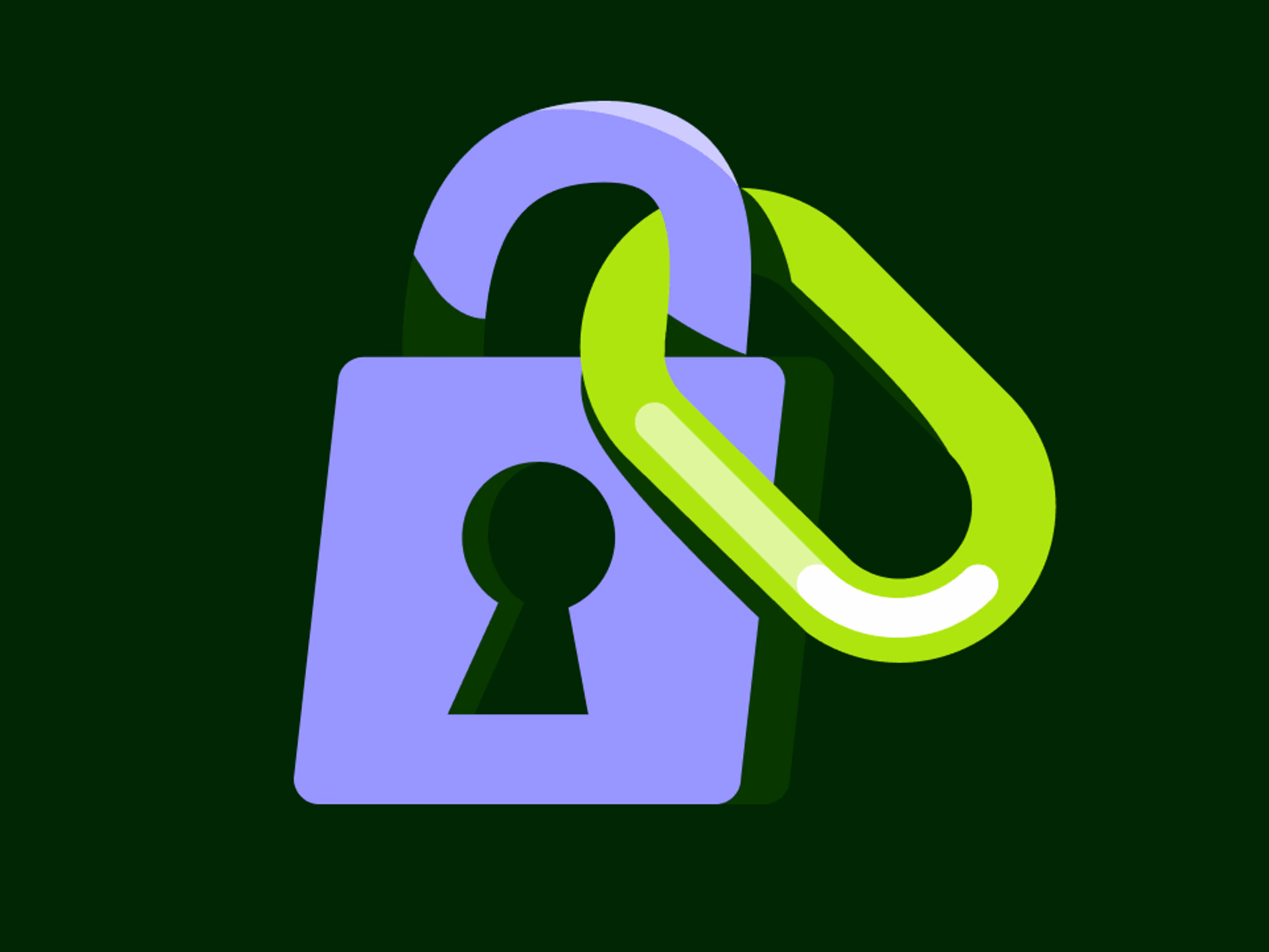 An open padlock interlinked with a chain on a dark green background.