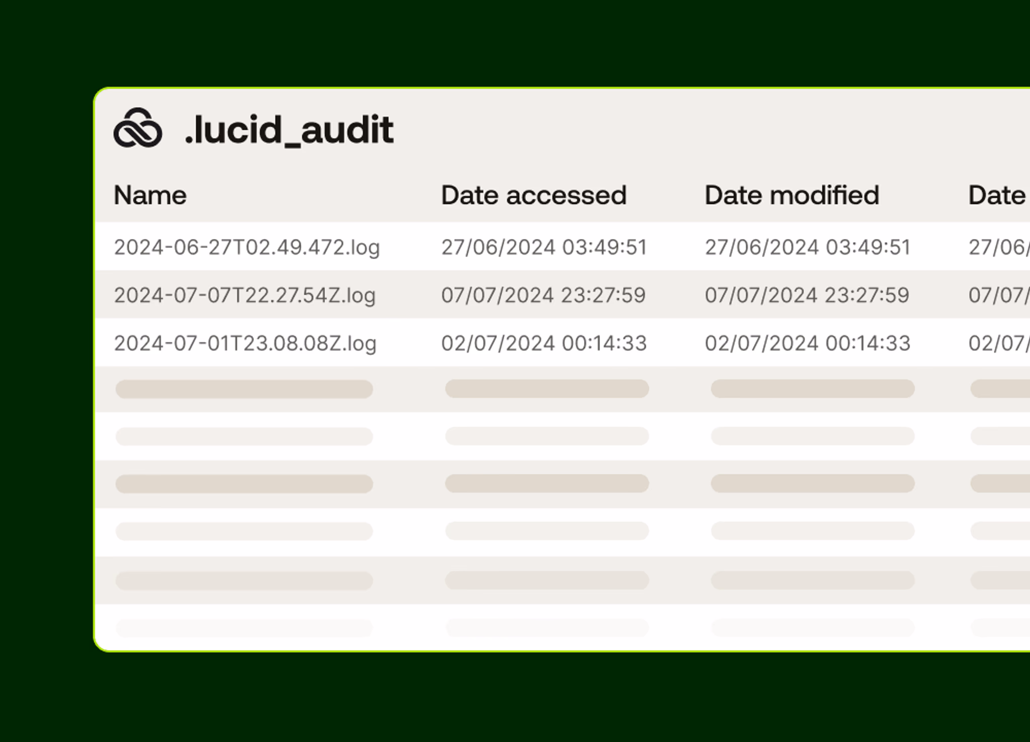 LucidLink .lucid_audit log file list showing access and modification timestamps.