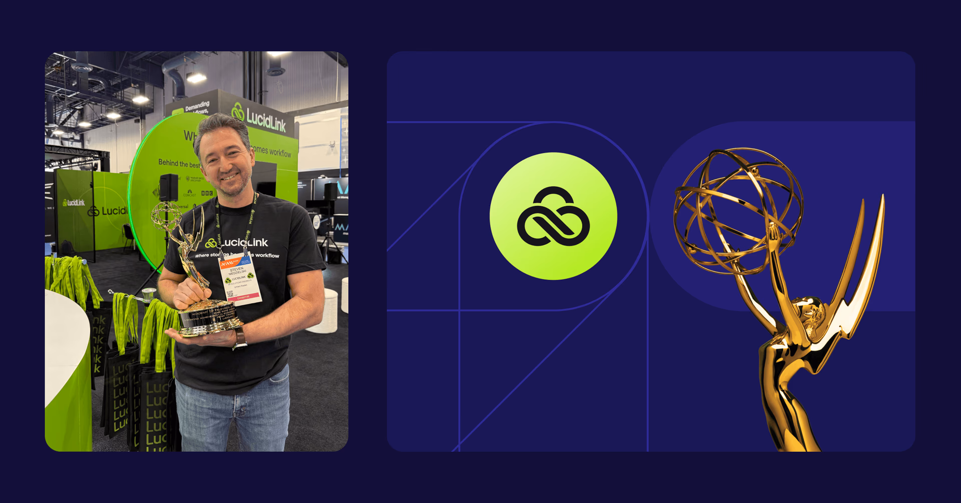   Steven Niedzielski from LucidLink holding our Emmy award. 