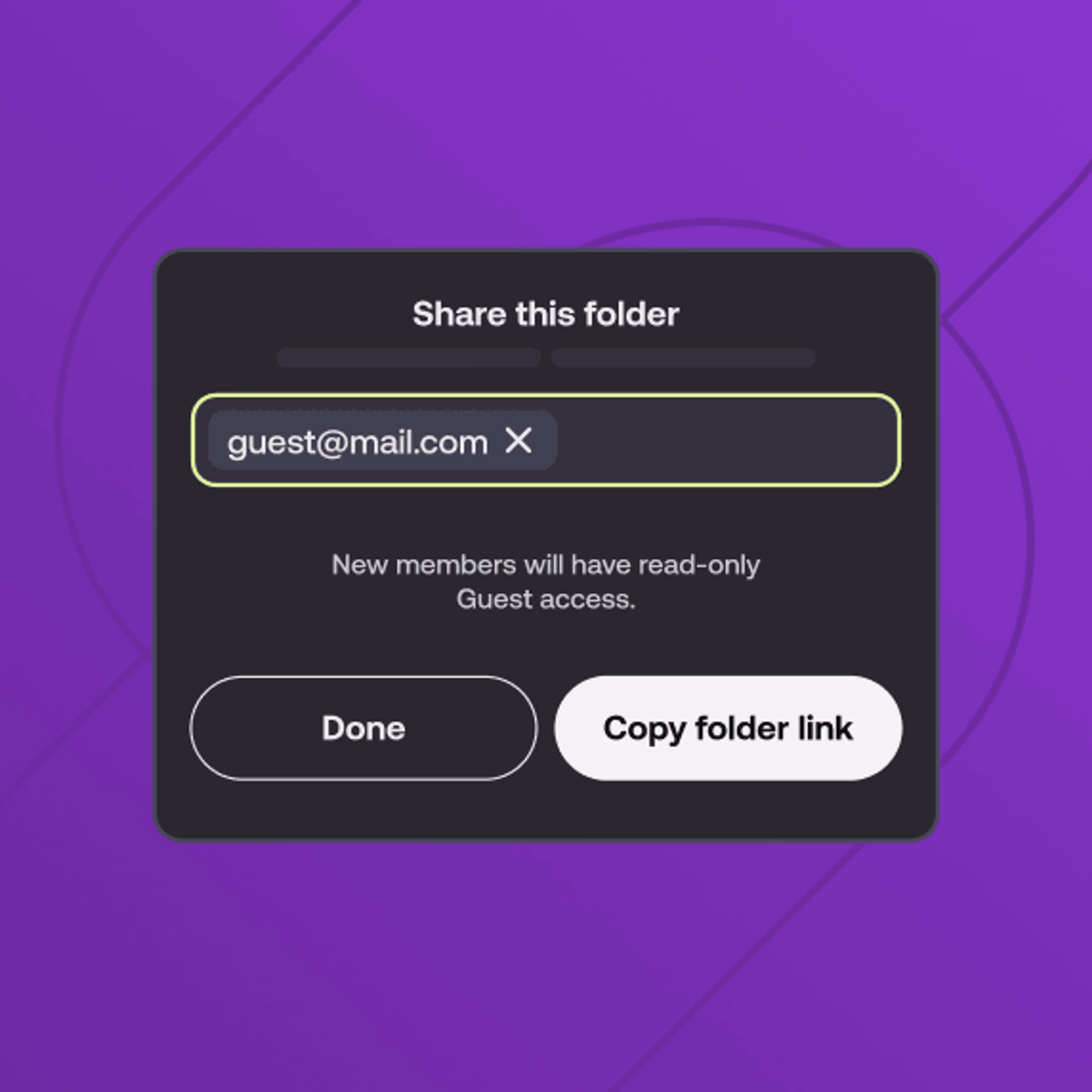 A dark mode "Share this folder" interface popup with guest access options and a "Copy folder link" button on a purple background.