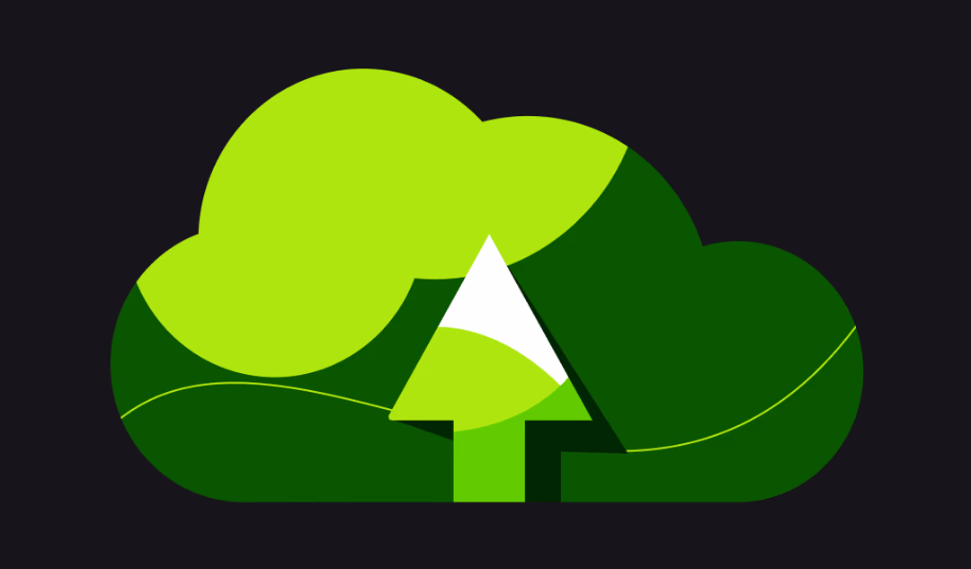 Green cloud illustration with an upload arrow on a dark background.