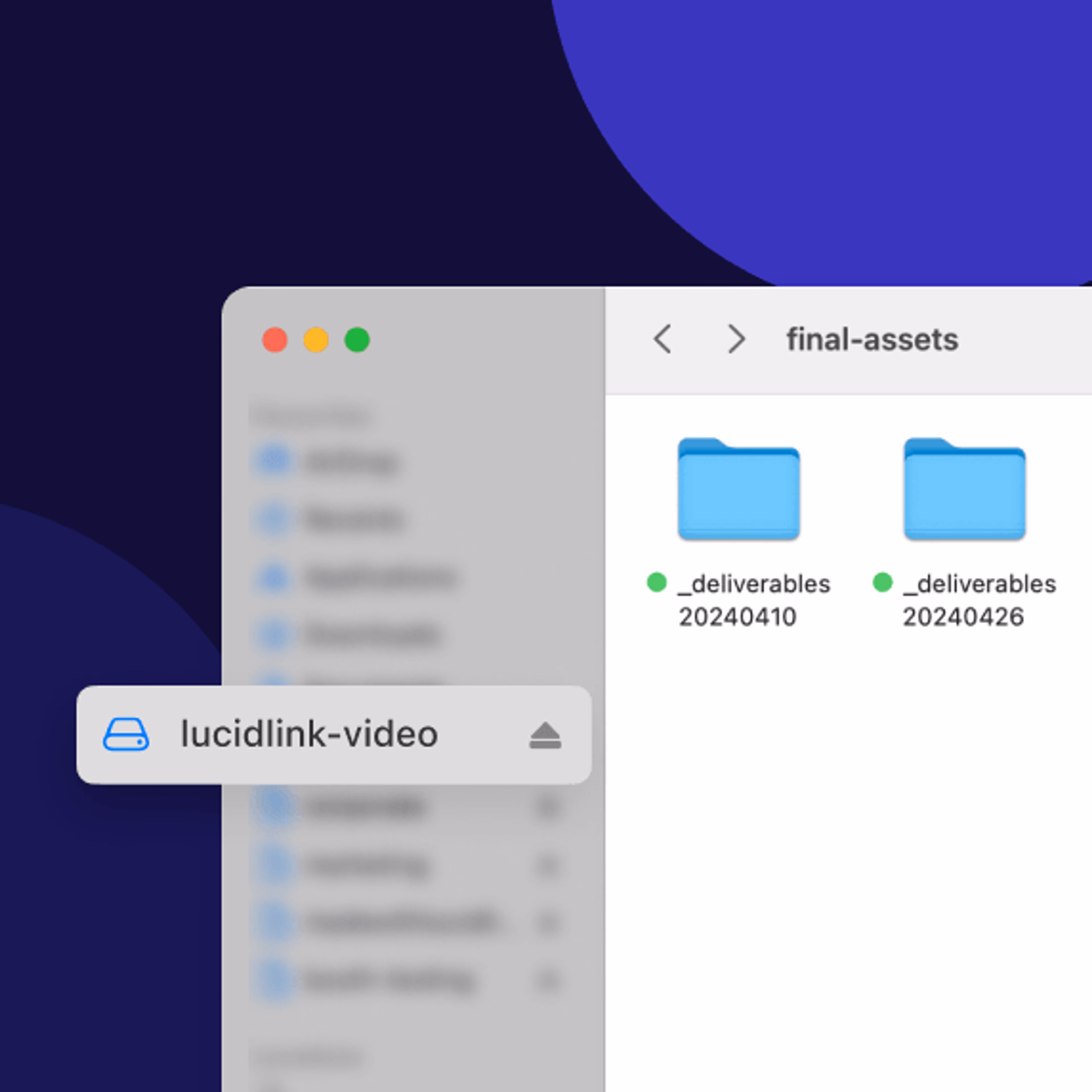 A macOS Finder window displaying a mounted volume labeled "lucidlink-video" with synced asset folders inside the "final-assets" directory.