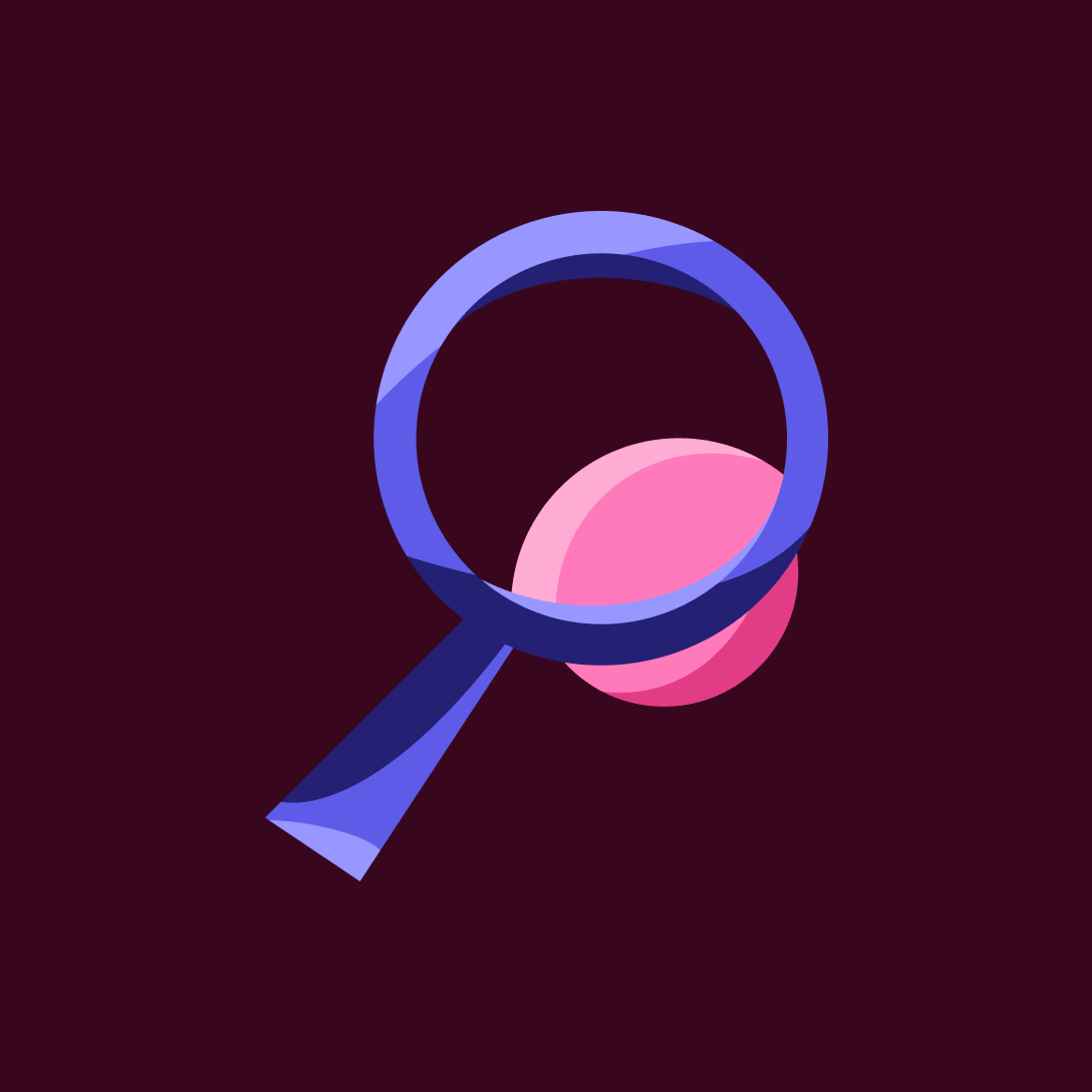 Illustration of a magnifying glass with a pink sphere overlapping its lens.