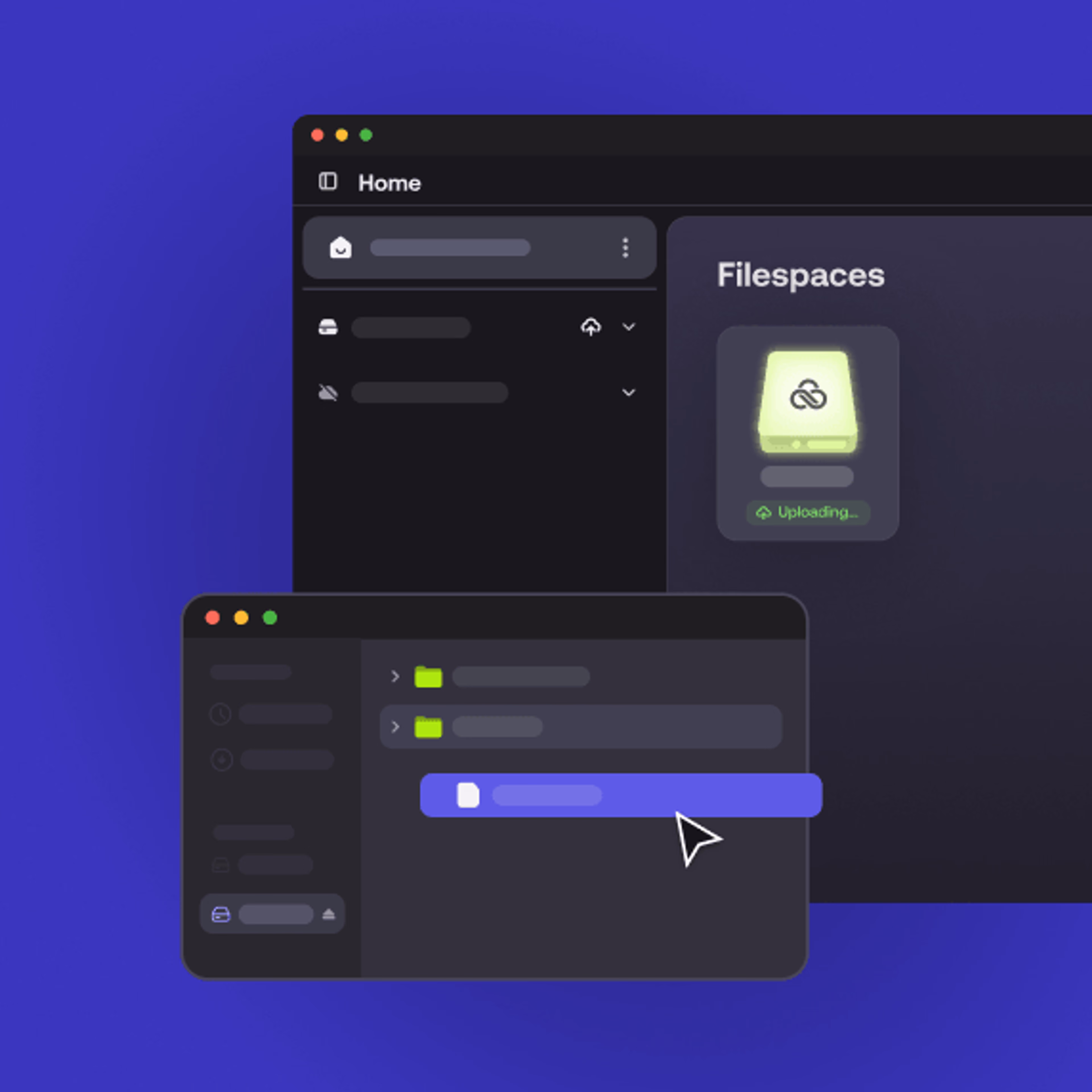 The LucidLink application dashboard in dark mode showing an active cloud Filespace.