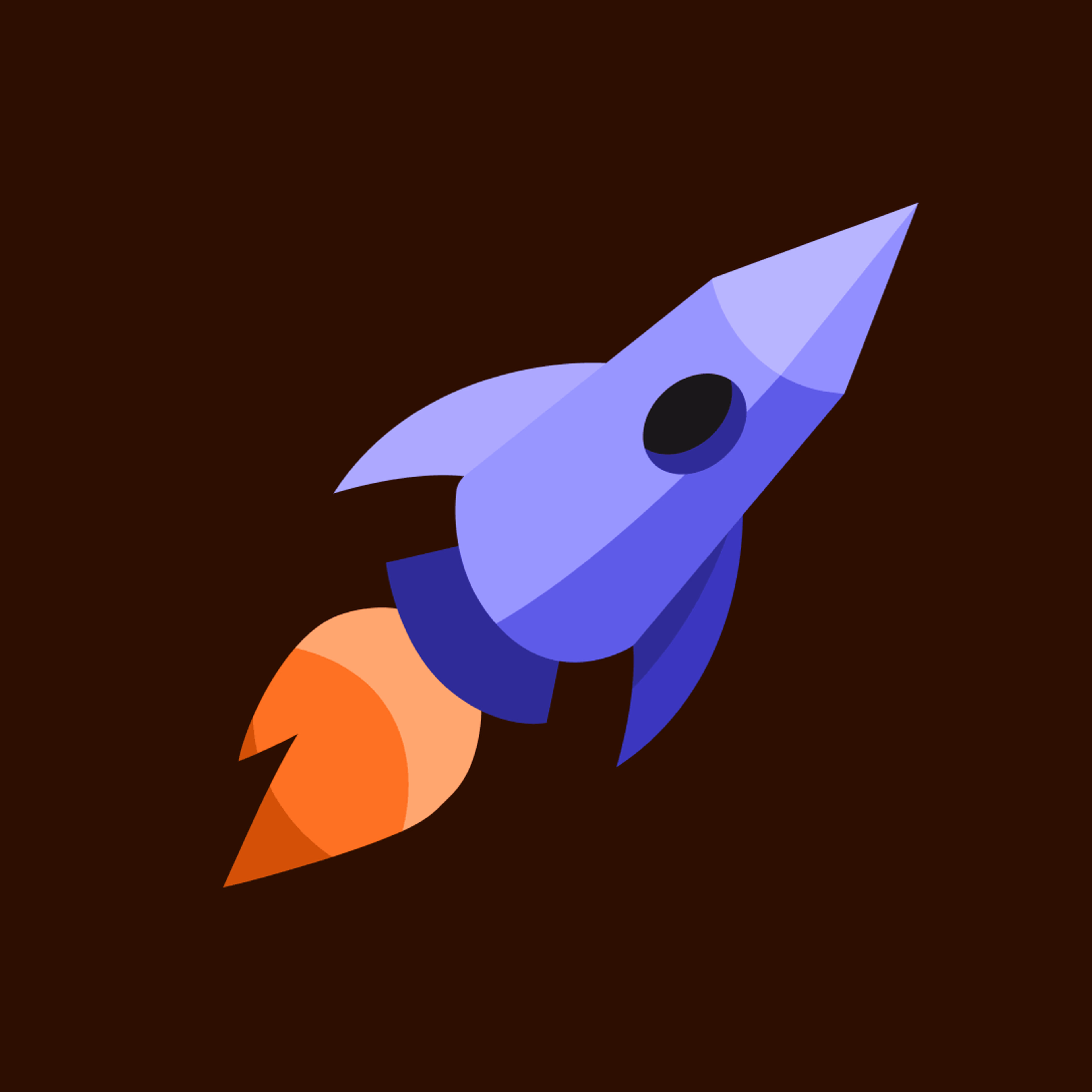 Illustration of a purple rocket with orange flames, flying diagonally upward.