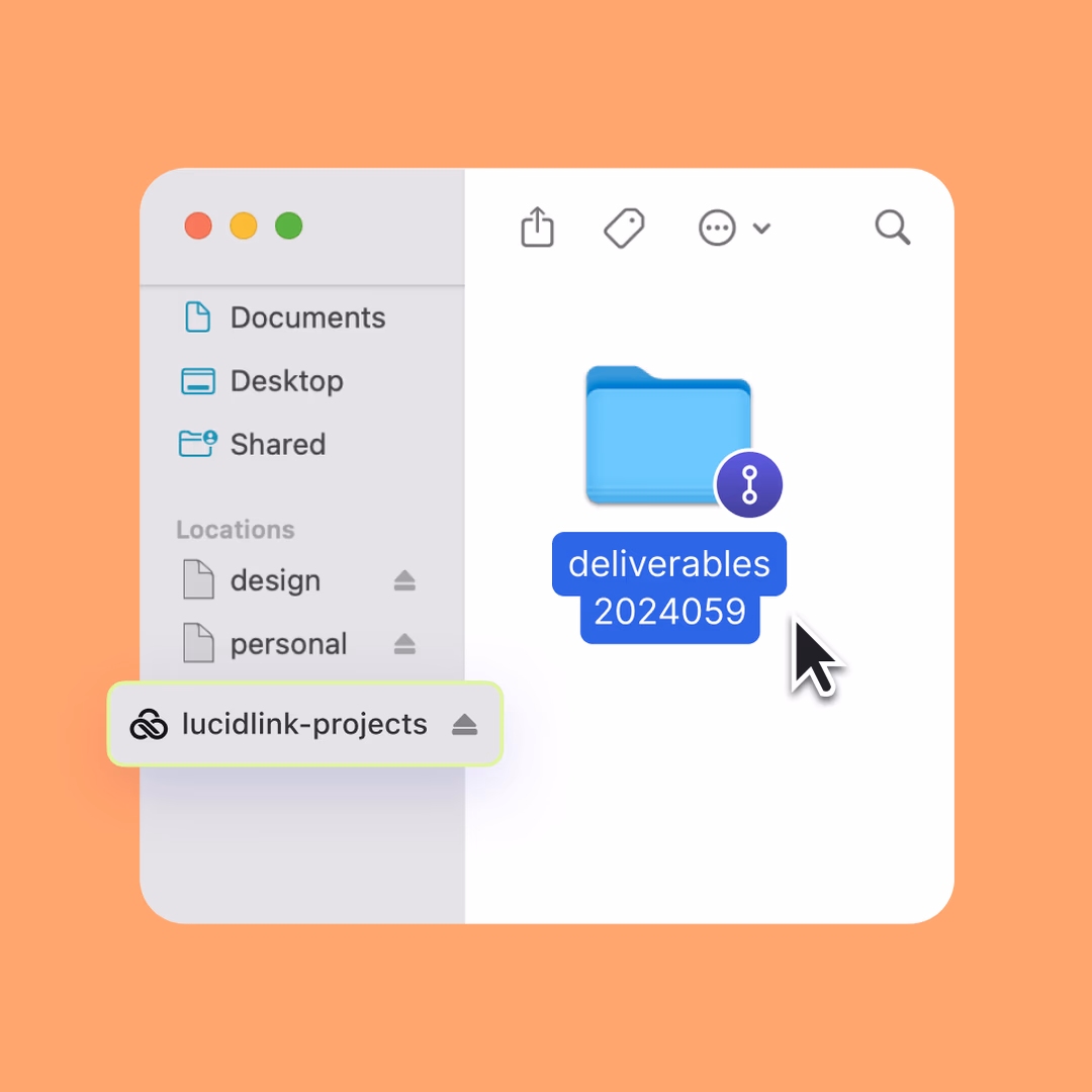 A mouse cursor navigating shared project files within the LucidLink Connect cloud collaboration interface.