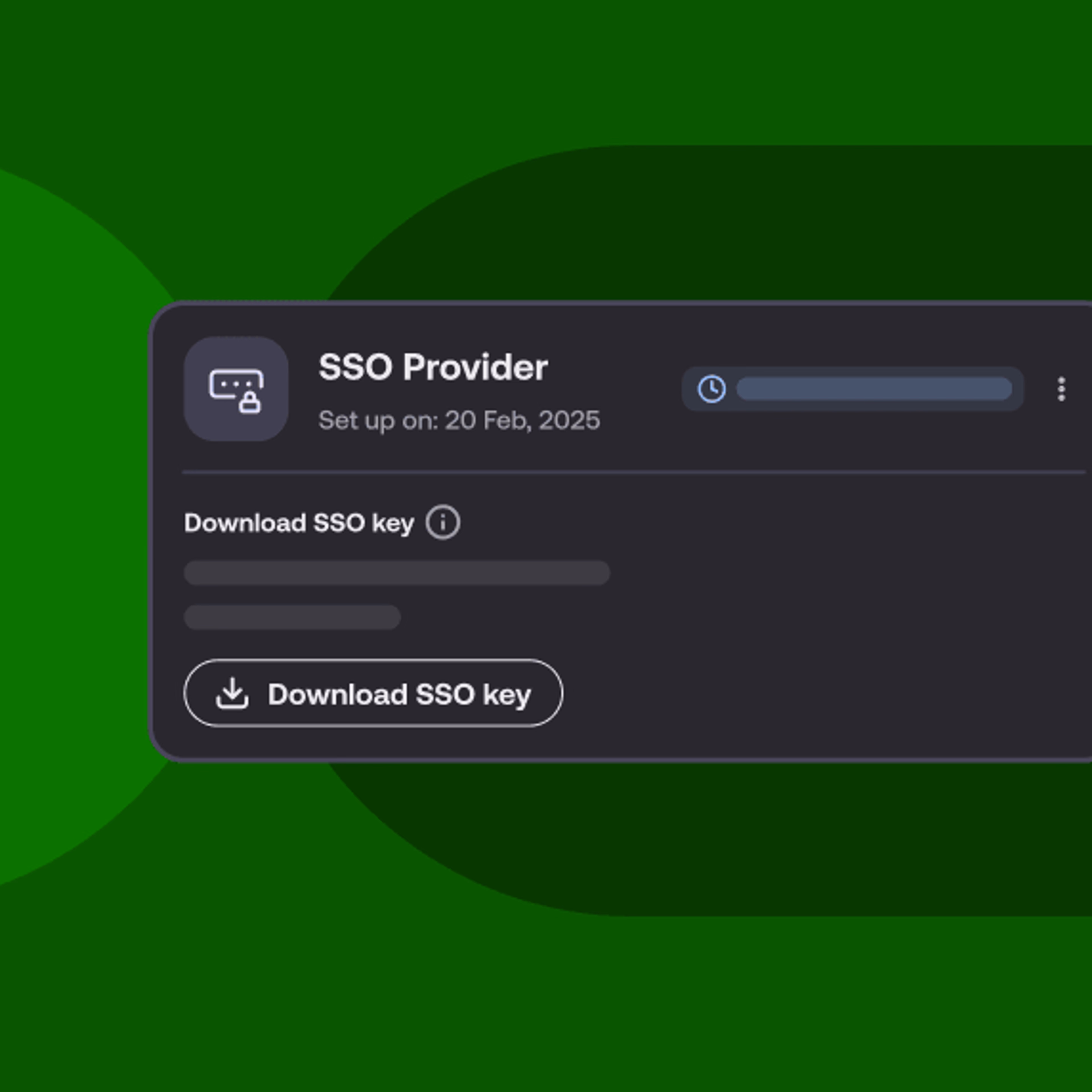 A dark mode interface panel on a green abstract background showing configuration settings for an SSO Provider, including a "Download SSO key" button.