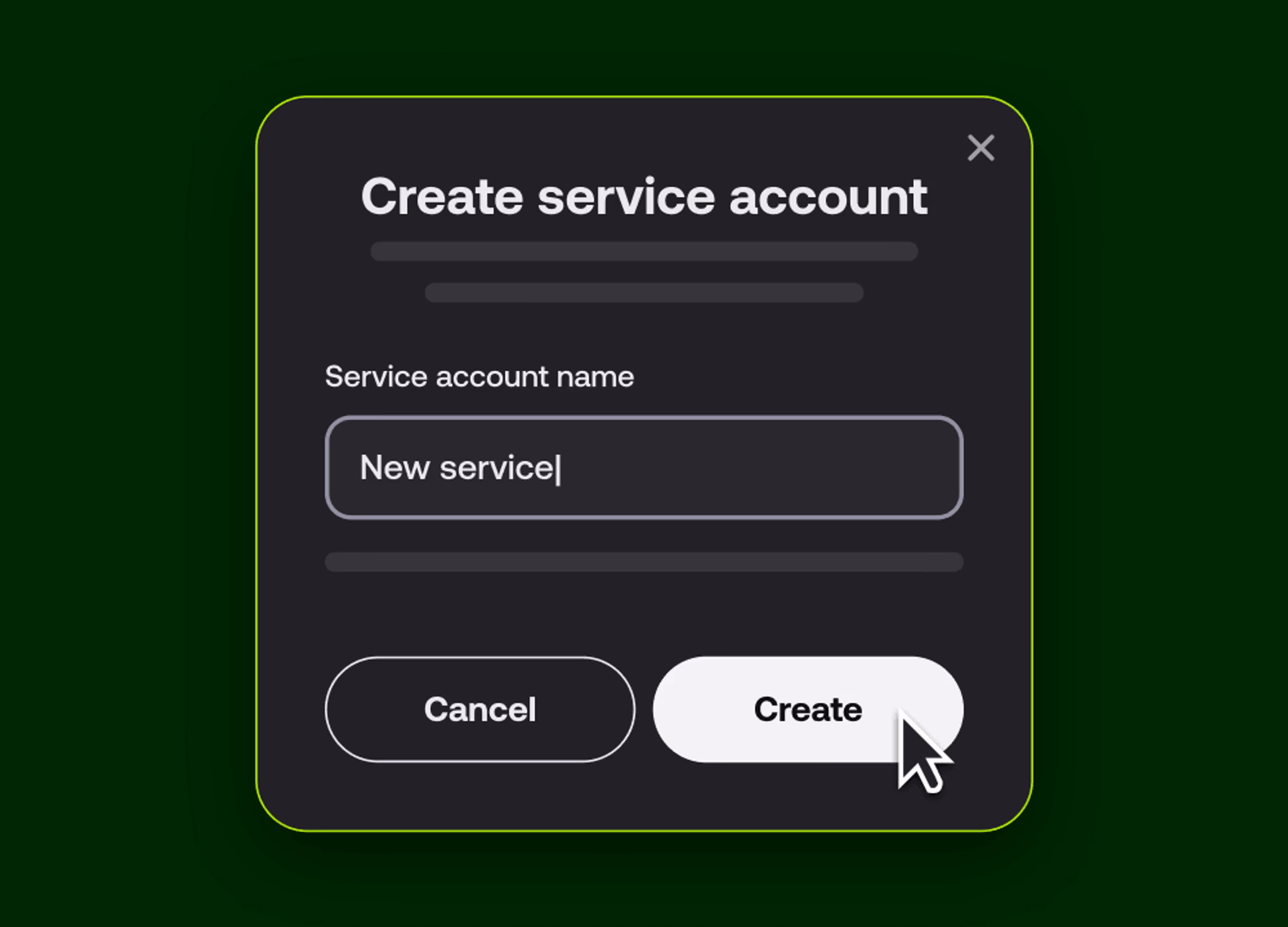 UI dialog for creating a new service account with a name field and Create button.