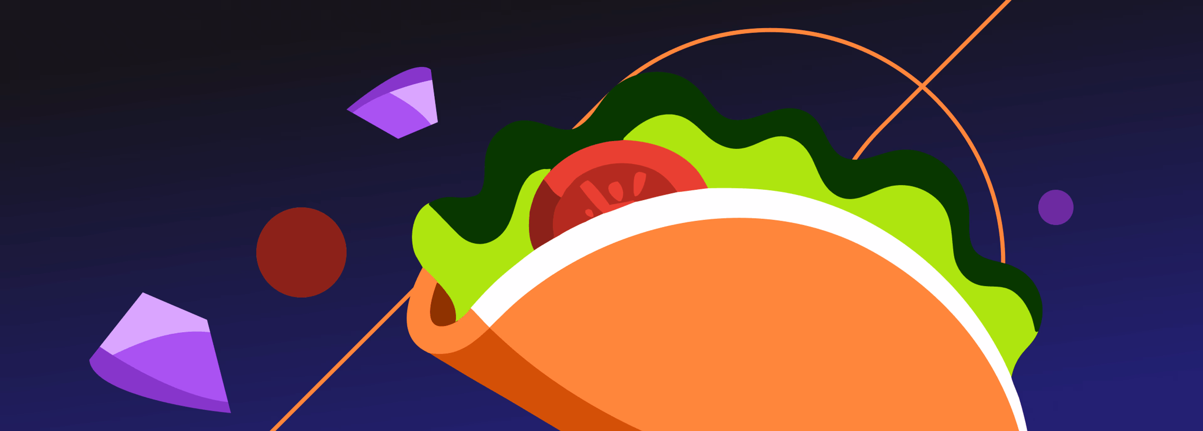 Illustrated taco with colorful floating shapes on a dark background.