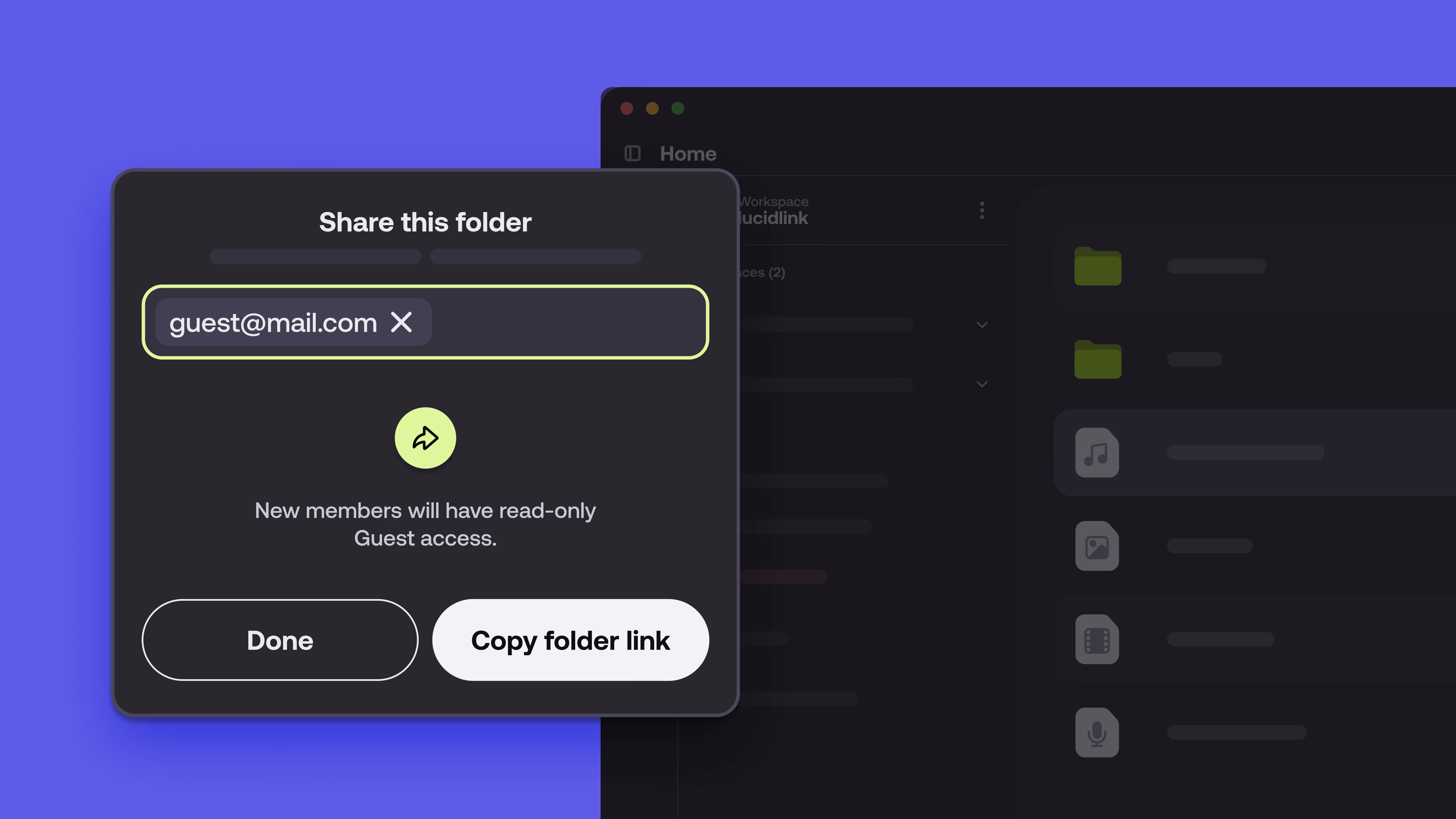 Sharing a folder with a guest using Guest Access on LucidLink cloud file system.